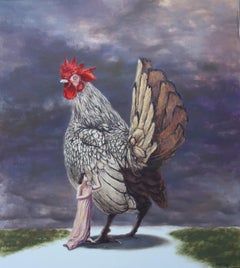 Magnetic (gallo pittura ad olio nuvole surrealista signora in vestaglia rosa animale da fattoria)