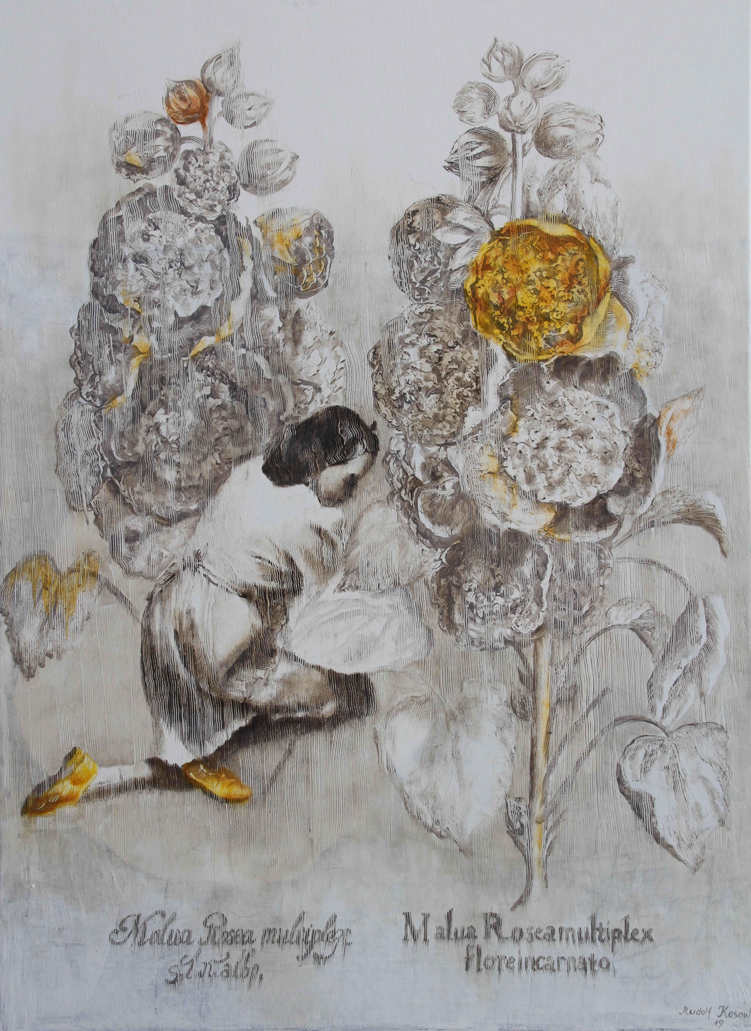 Malua Rosea Multiplex (oil painting monochrome vintage flowers figurative woman)
