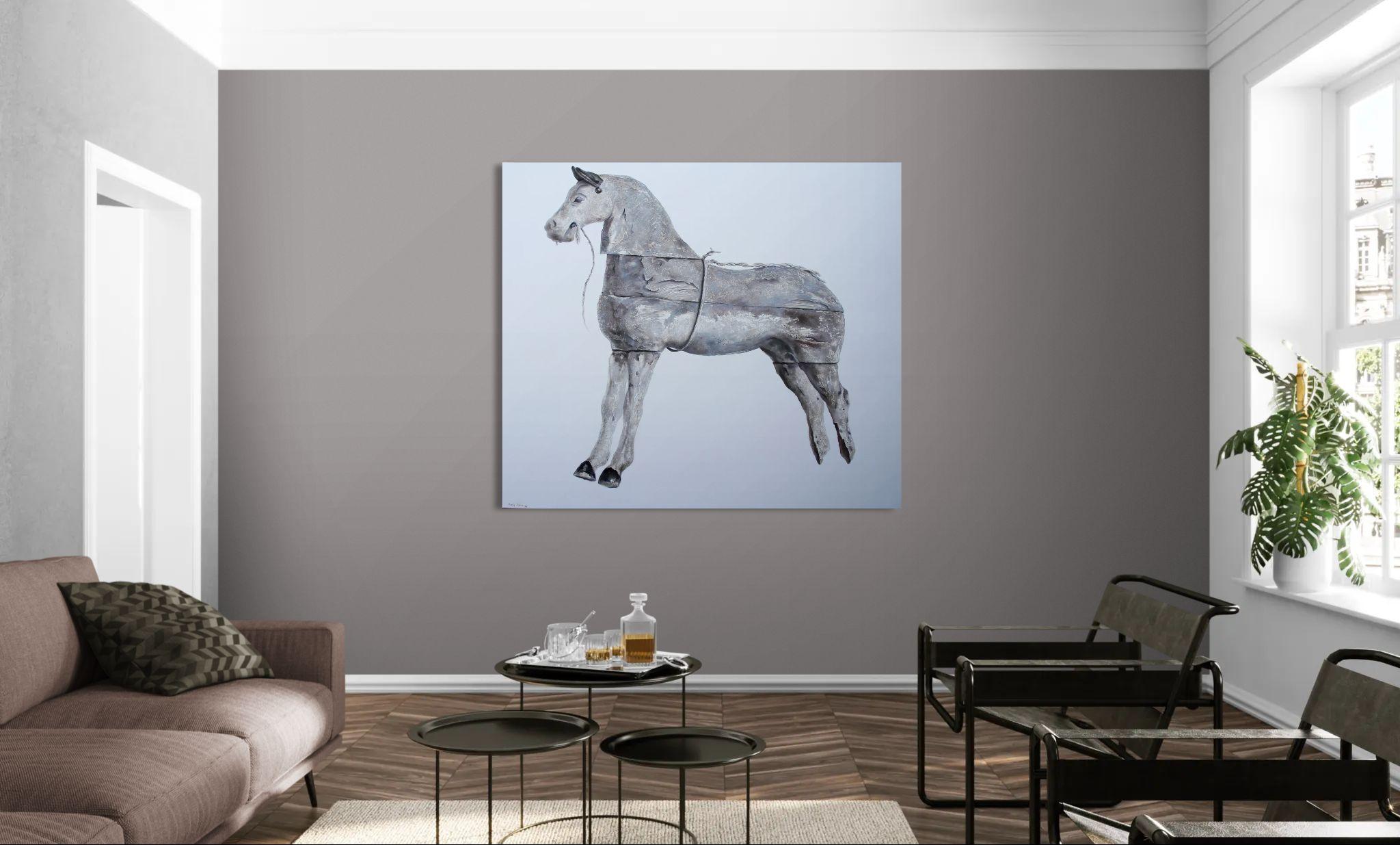 Mentor (surrealistische Ölgemälde Holz Pferd équine Relikt monochrom grau ) im Angebot 2
