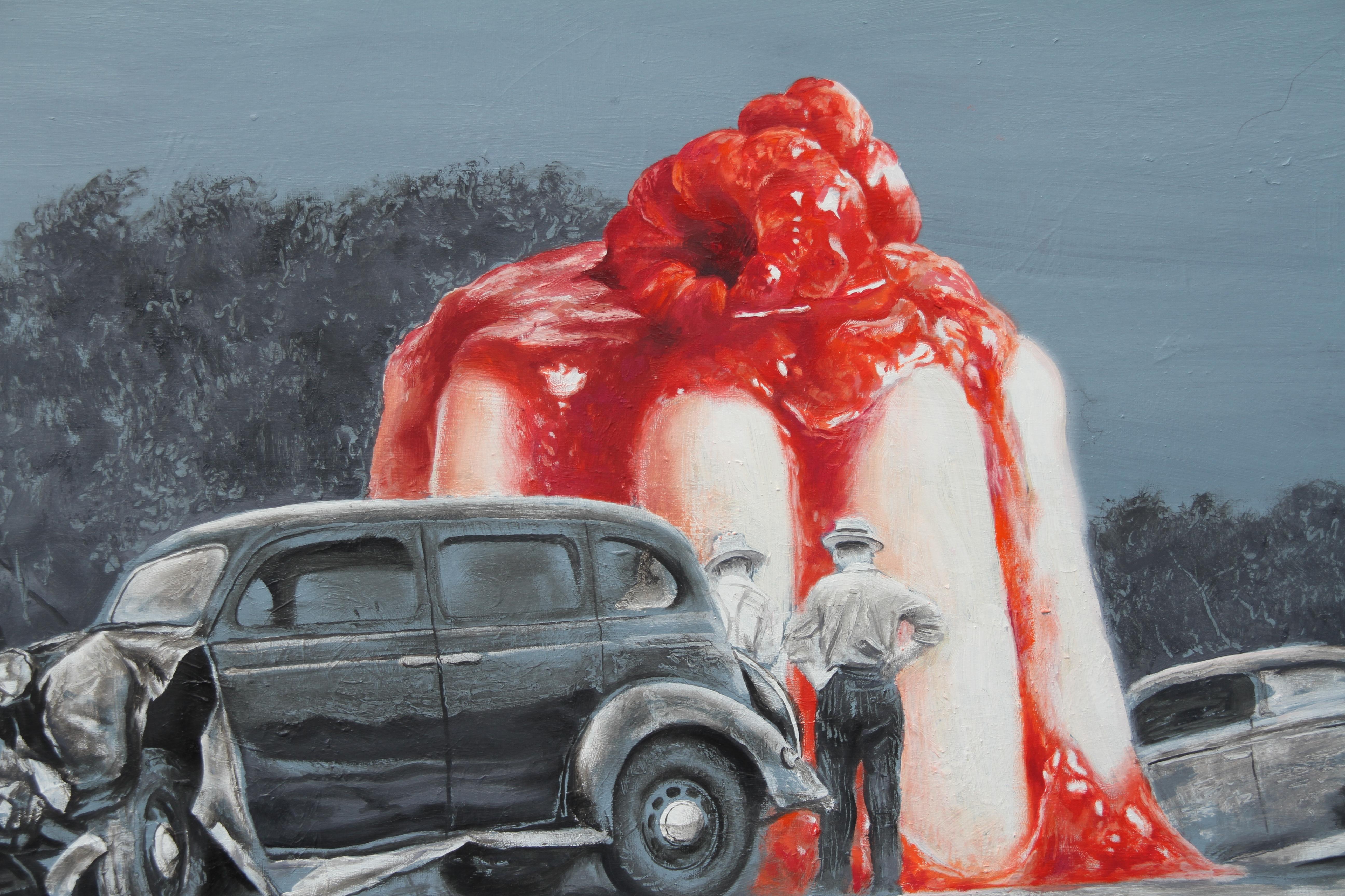  Mind Blowing (vintage car surrealist oil painting grey monochrome dessert cake) - Painting by Rudolf Kosow
