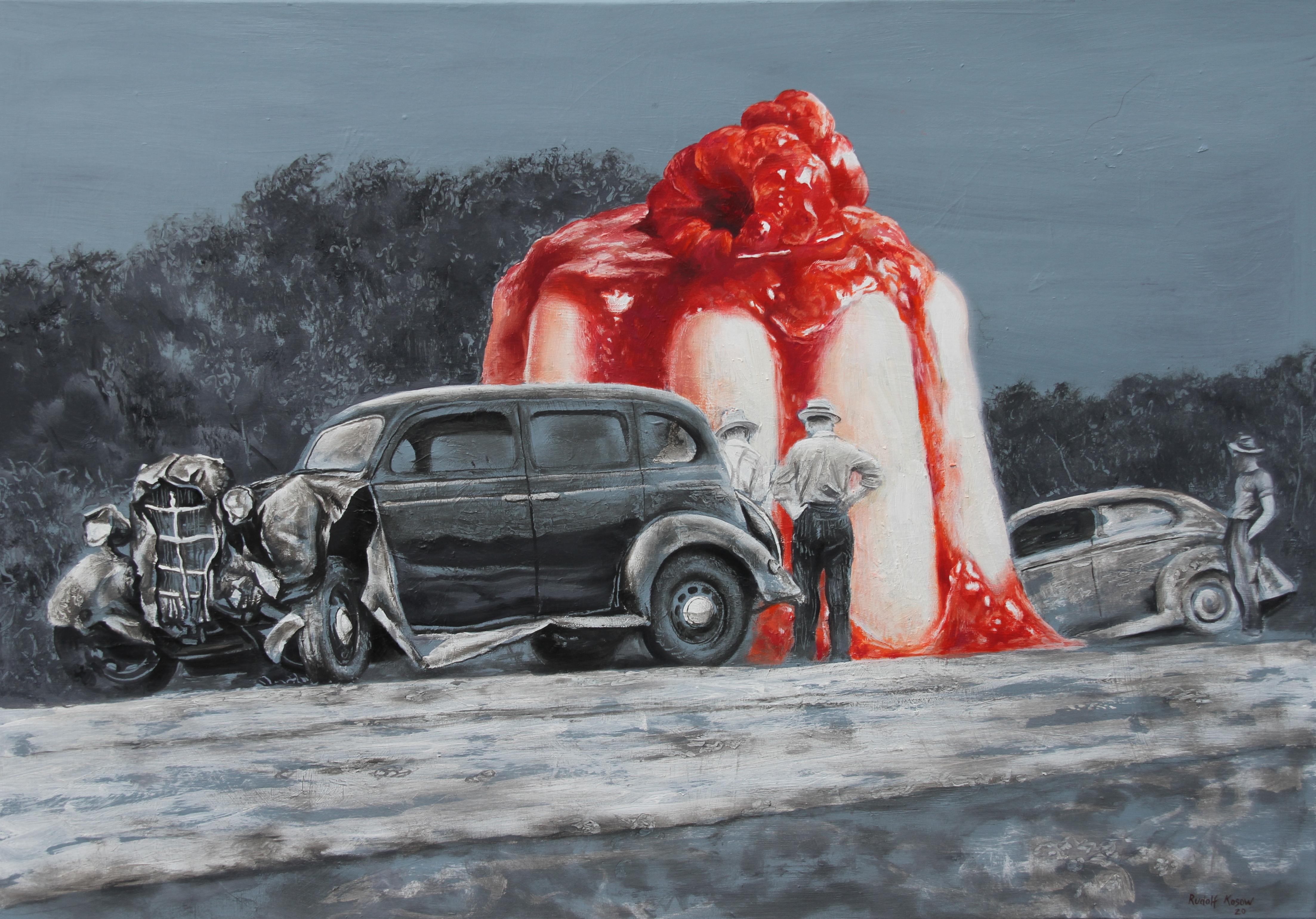  Mind Blowing (Trauerwagen-surrealistisches Ölgemälde in Grau, monochromes Dessertgeschirr)