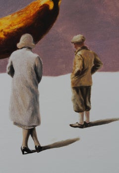 Peinture à l'huile surréaliste comique vintage figurative Miracle (un couple de bananes jaunes)