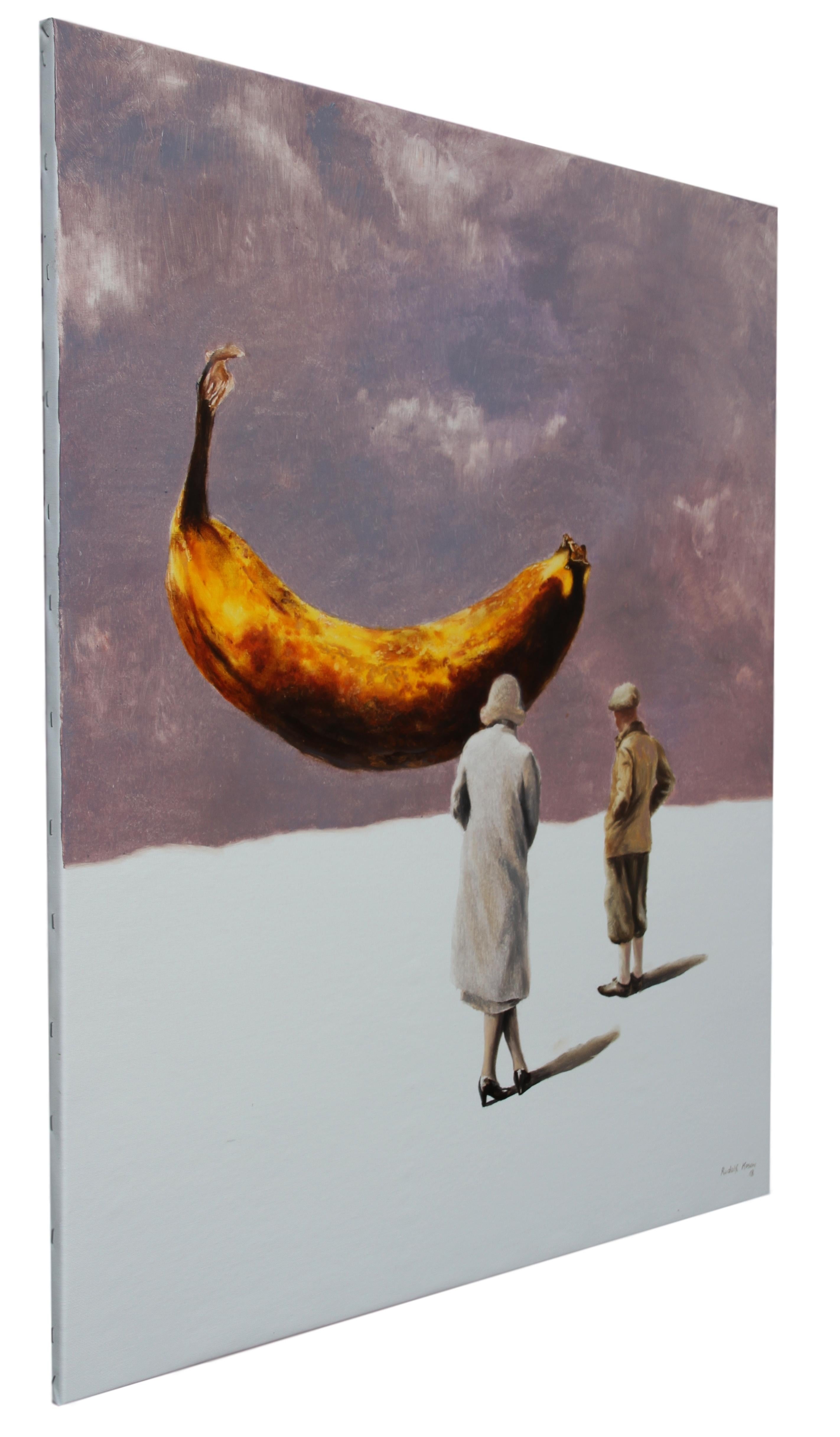 Miracle (yellow banana couple surrealist oil painting comical vintage figurative - Surrealist Painting by Rudolf Kosow