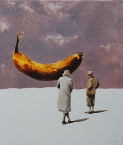 Miracle (gelbes Bananenpaar, surrealistisches Ölgemälde, comisch, Vintage, figurativ