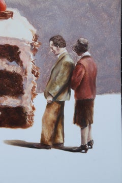 Missing Pieces (oil painting surrealist birthday cake dessert couple cherry red)