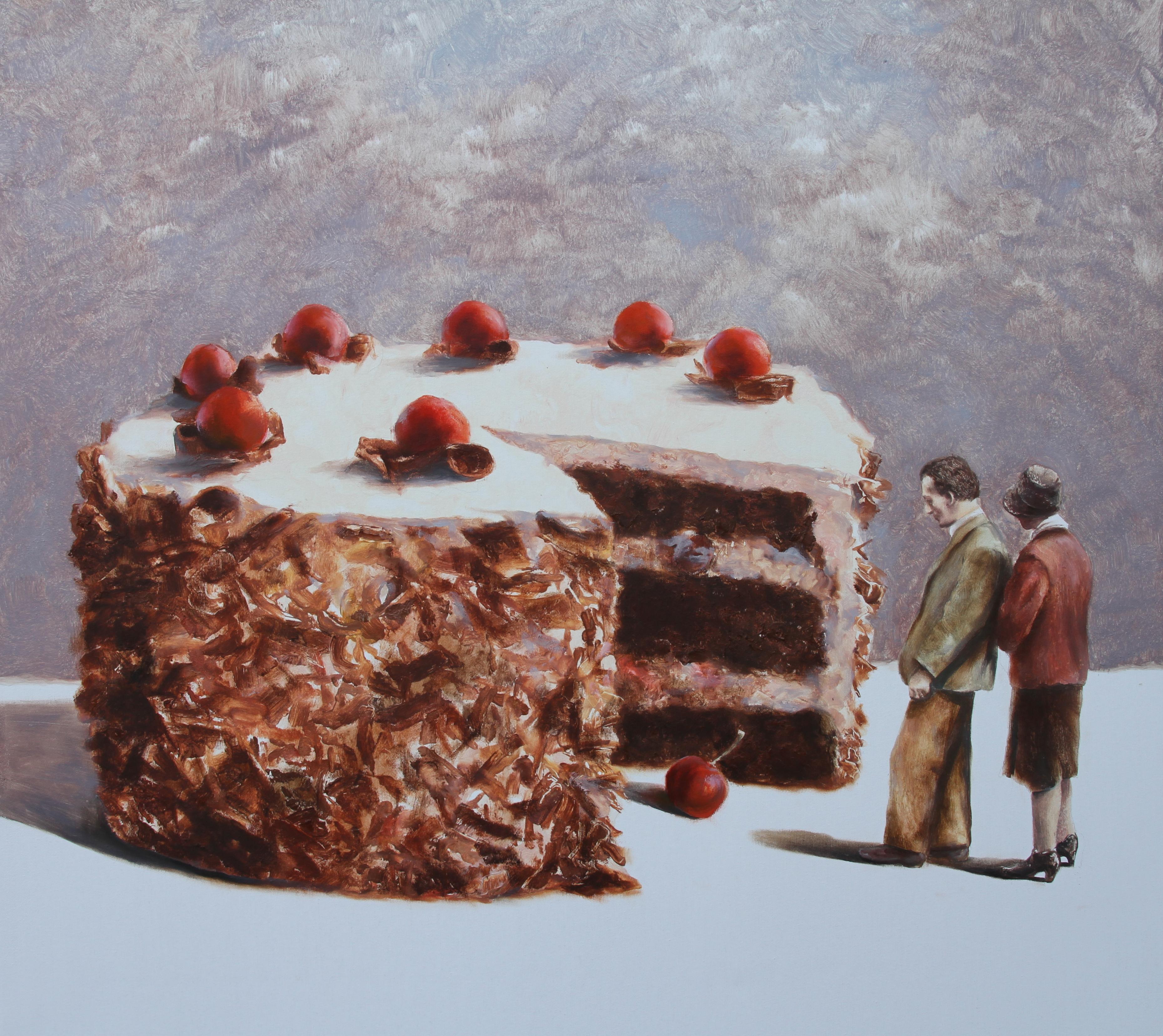 Missing Pieces (oil painting surrealist birthday cake dessert couple cherry red)