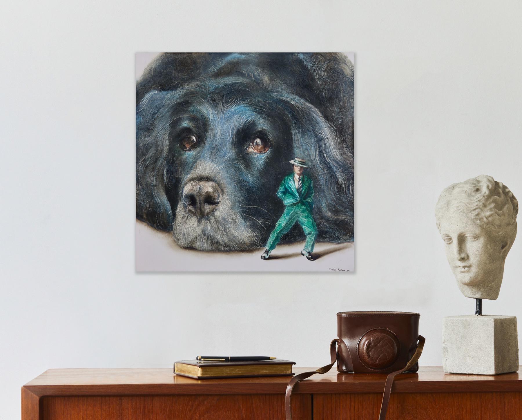 Moody (black dog, hat man, green vintage suit, animal, surrealist oil painting) For Sale 6