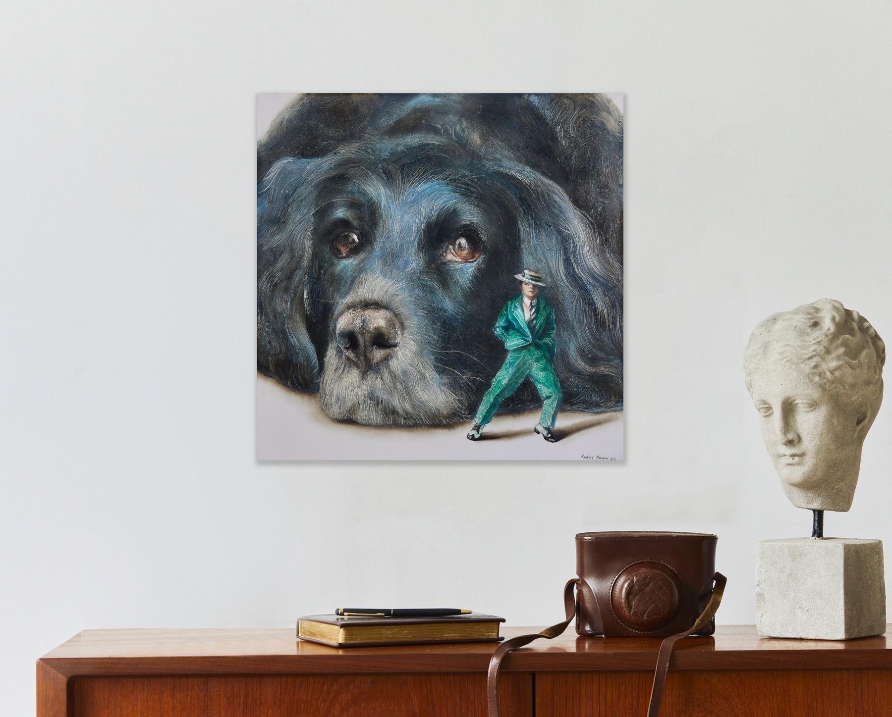 Moody (black dog, hat man, green vintage suit, animal, surrealist oil painting) For Sale 10