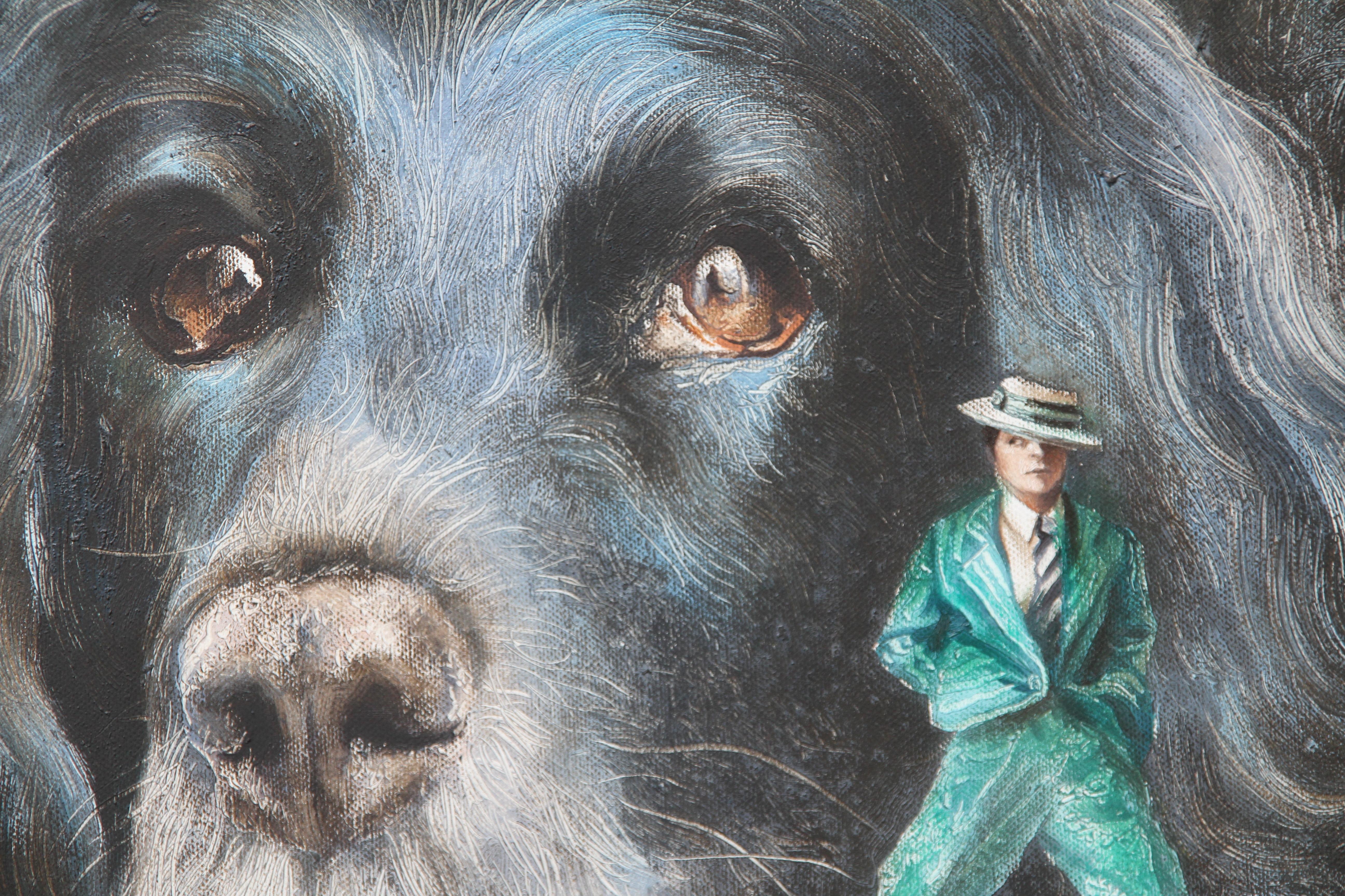 Moody (black dog, hat man, green vintage suit, animal, surrealist oil painting) - Surrealist Painting by Rudolf Kosow