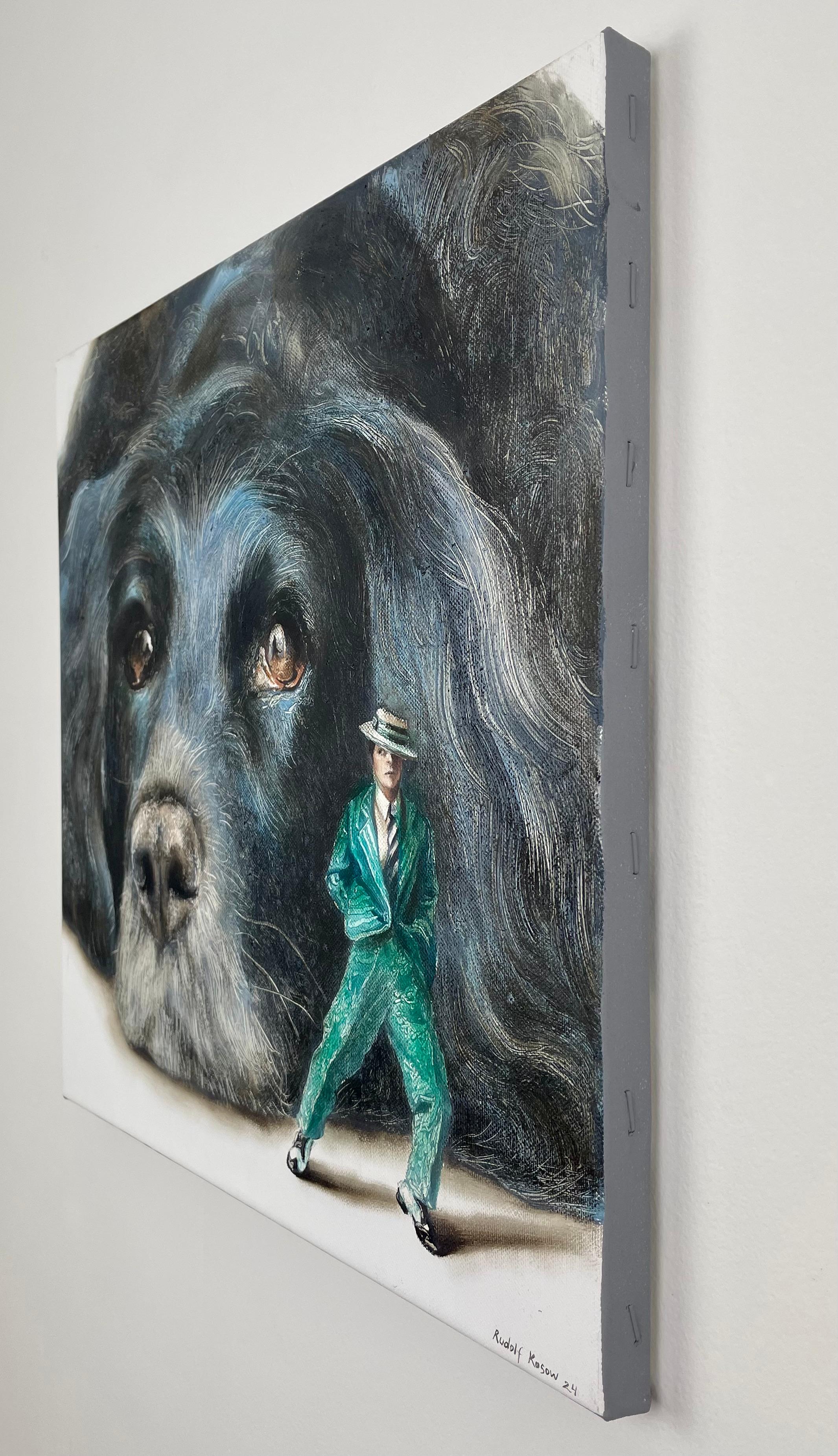 Moody (black dog, hat man, green vintage suit, animal, surrealist oil painting) For Sale 1