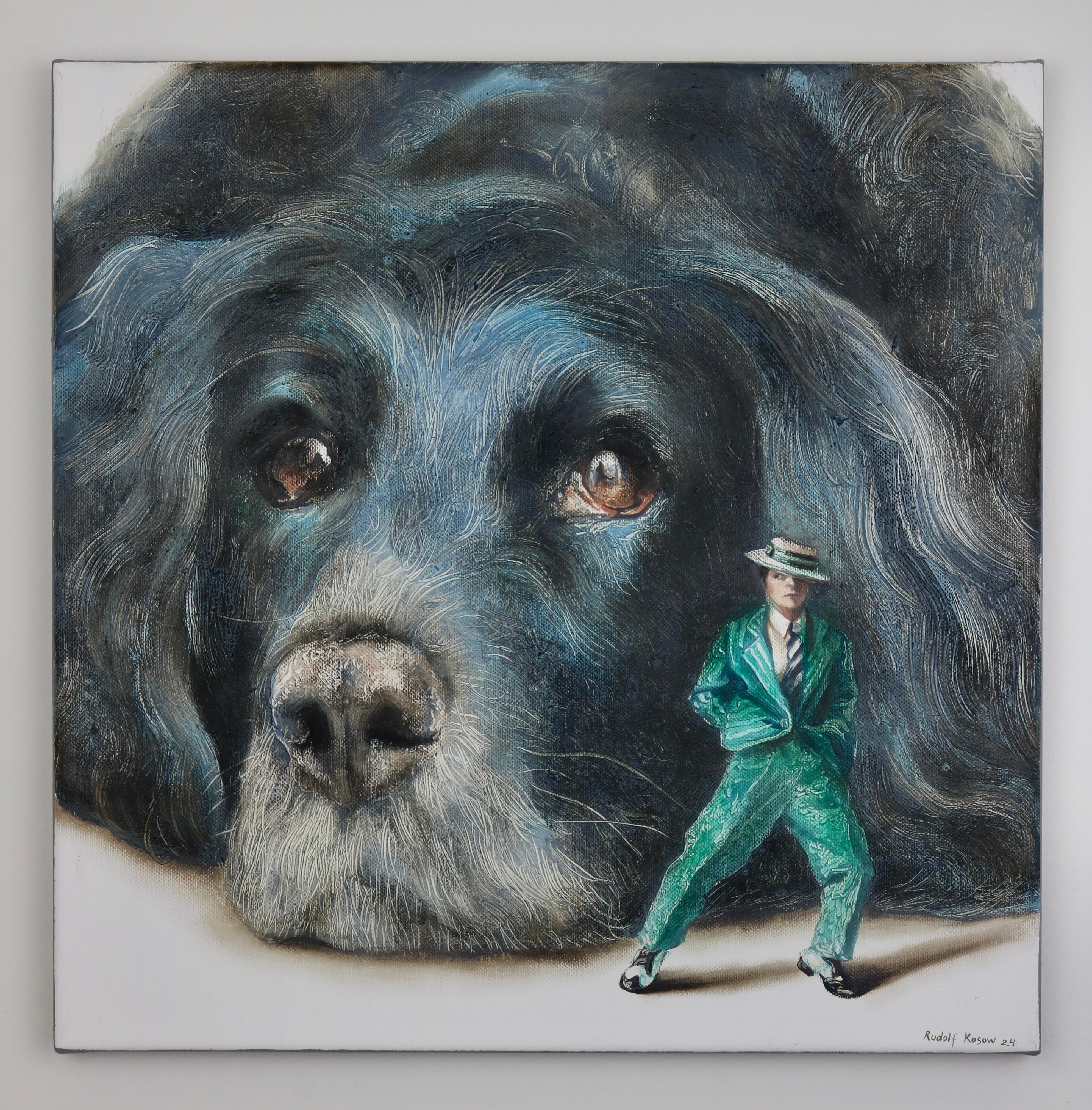 Moody (black dog, hat man, green vintage suit, animal, surrealist oil painting) For Sale 2