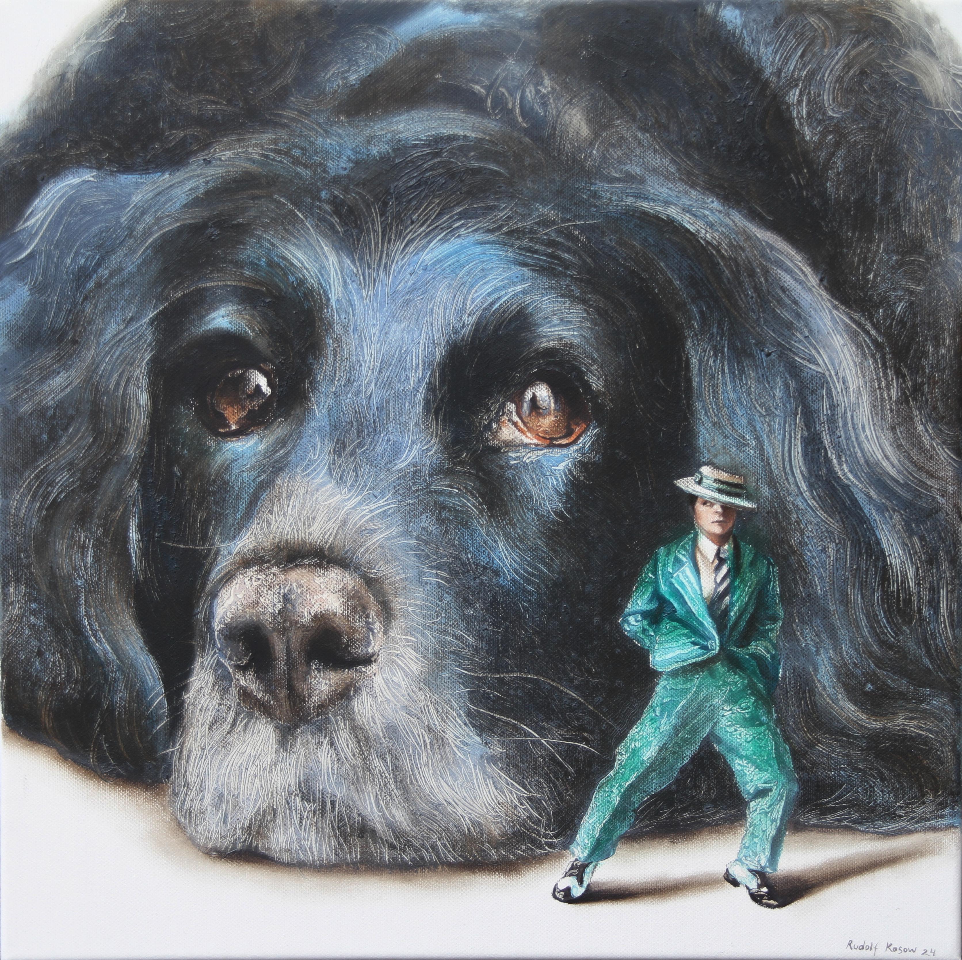 Moody (black dog, hat man, green vintage suit, animal, surrealist oil painting) - Painting by Rudolf Kosow
