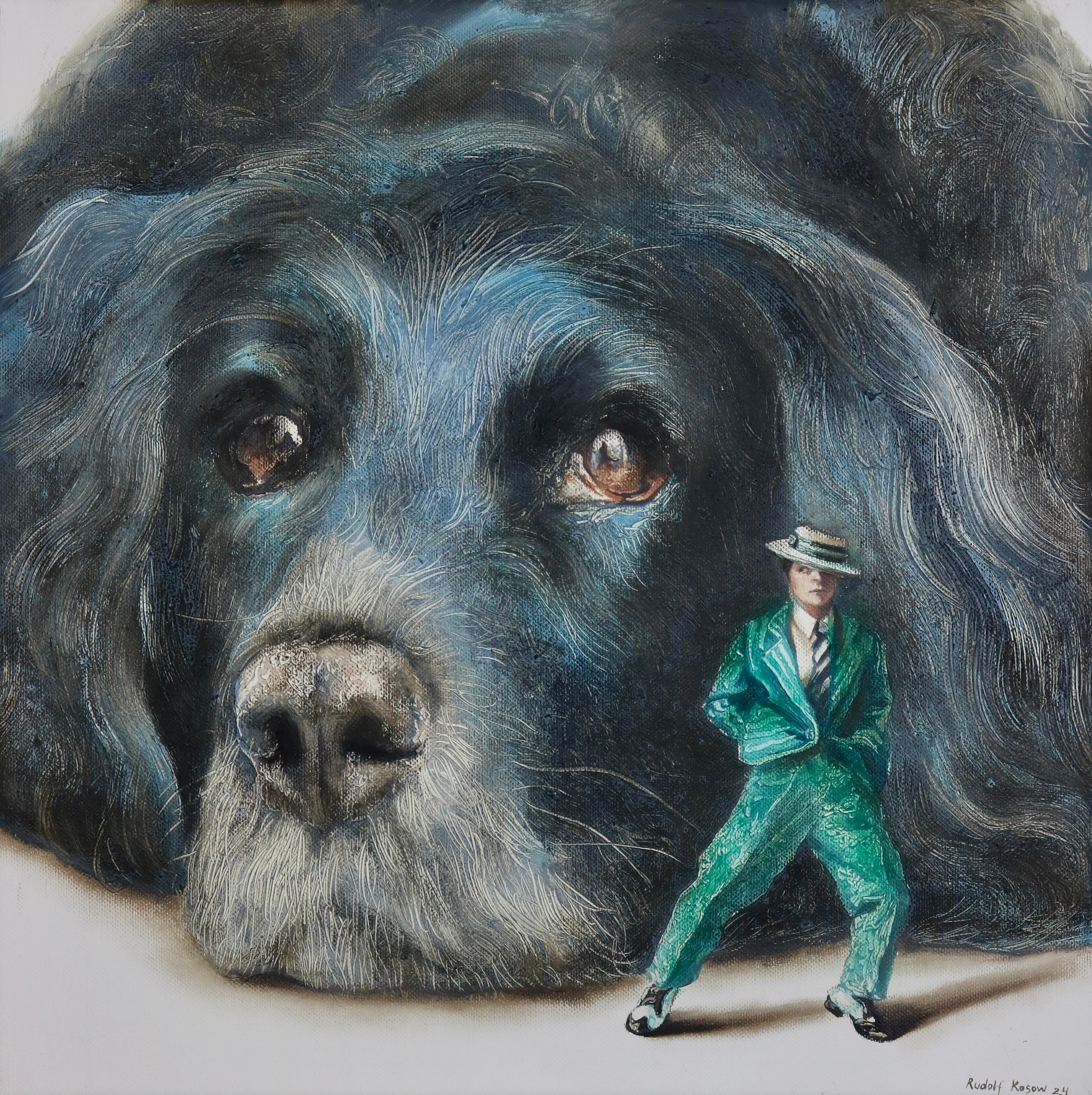 Rudolf Kosow Animal Painting - Moody (black dog, hat man, green vintage suit, animal, surrealist oil painting)