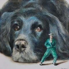 Moody (black dog, hat man, green vintage suit, animal, surrealist oil painting)