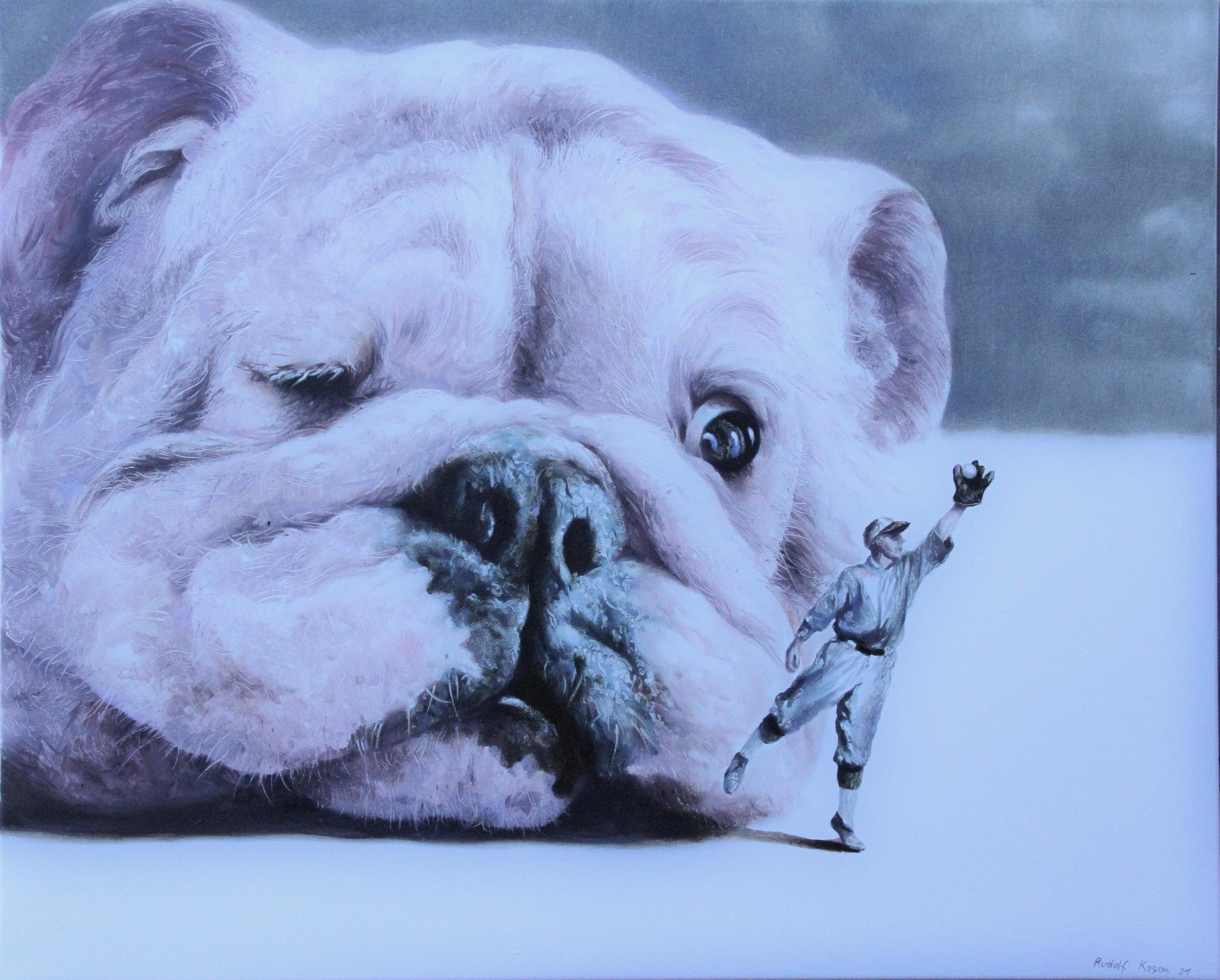 Rudolf Kosow Figurative Painting - Moody (pet bulldog dog baseball player surrealism animal neutral tones)