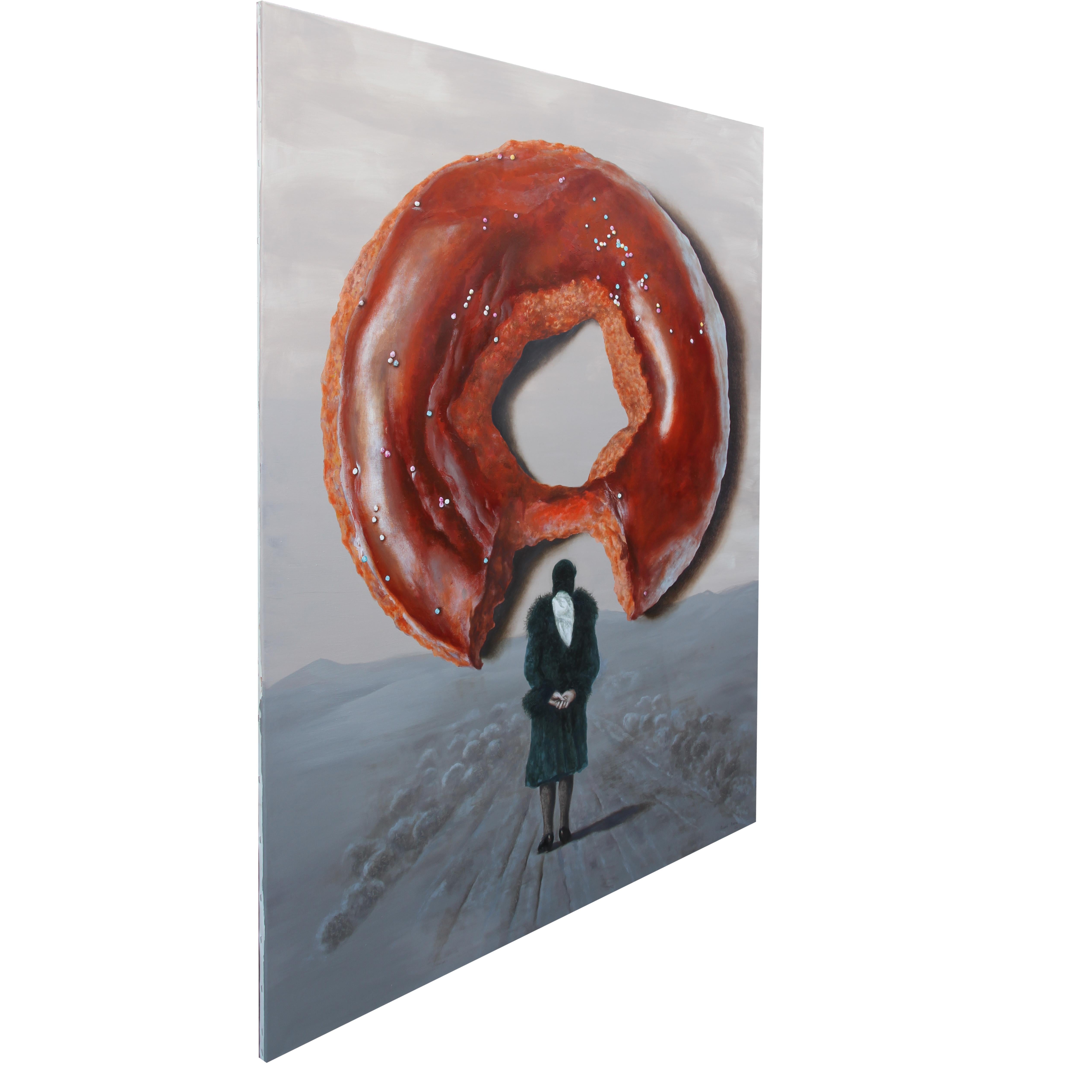 Superbo dipinto originale su tela che raffigura il ritratto di una ciambella parzialmente mangiata a mezz'aria e una donna di un'altra sera con una pelliccia che osserva lo strano fenomeno.

parole chiave; cappotto fut, ciambella, americana,