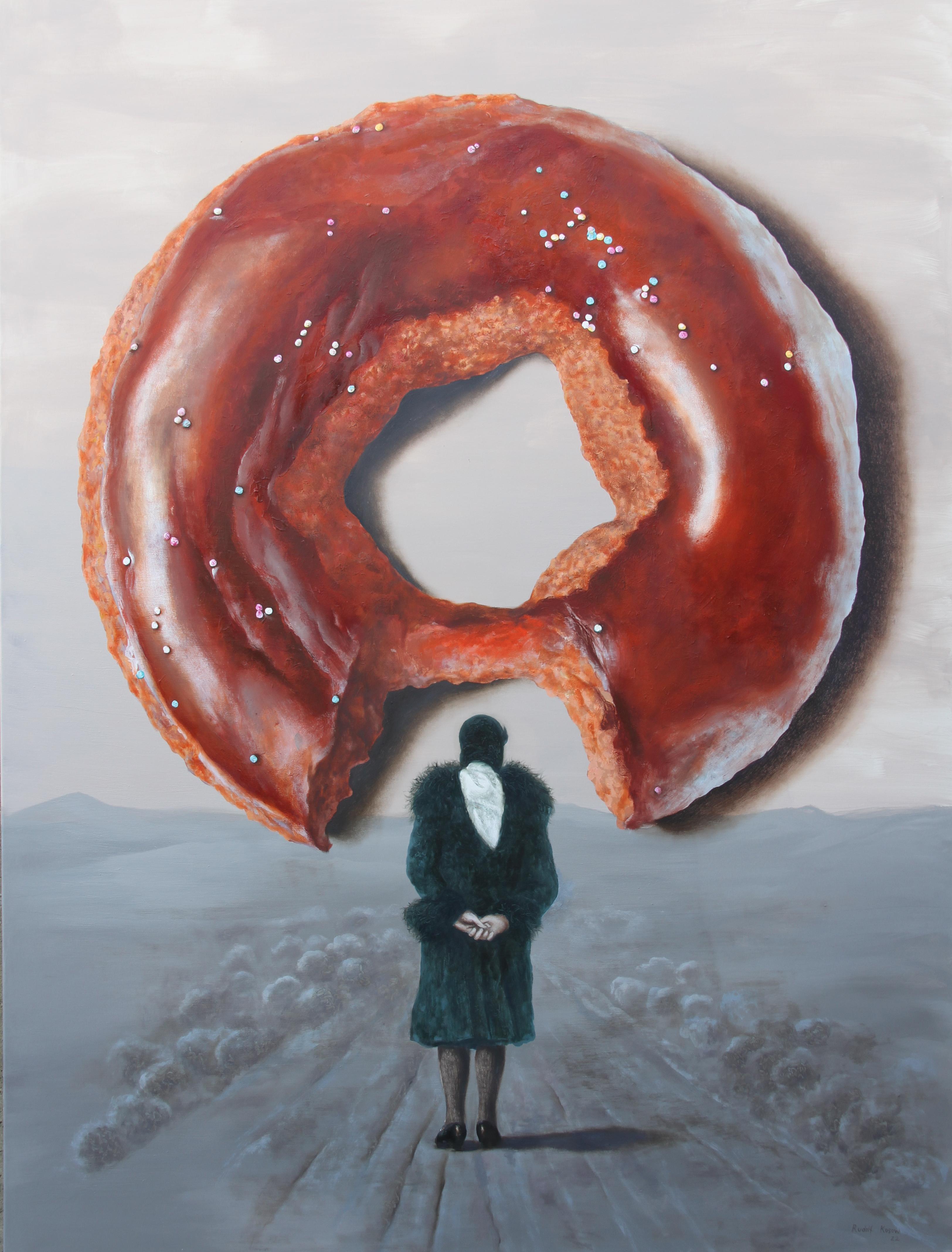 Rudolf Kosow Figurative Painting - Not Enough (dessert donut bite woman fur coat surréaliste brown oil painting )