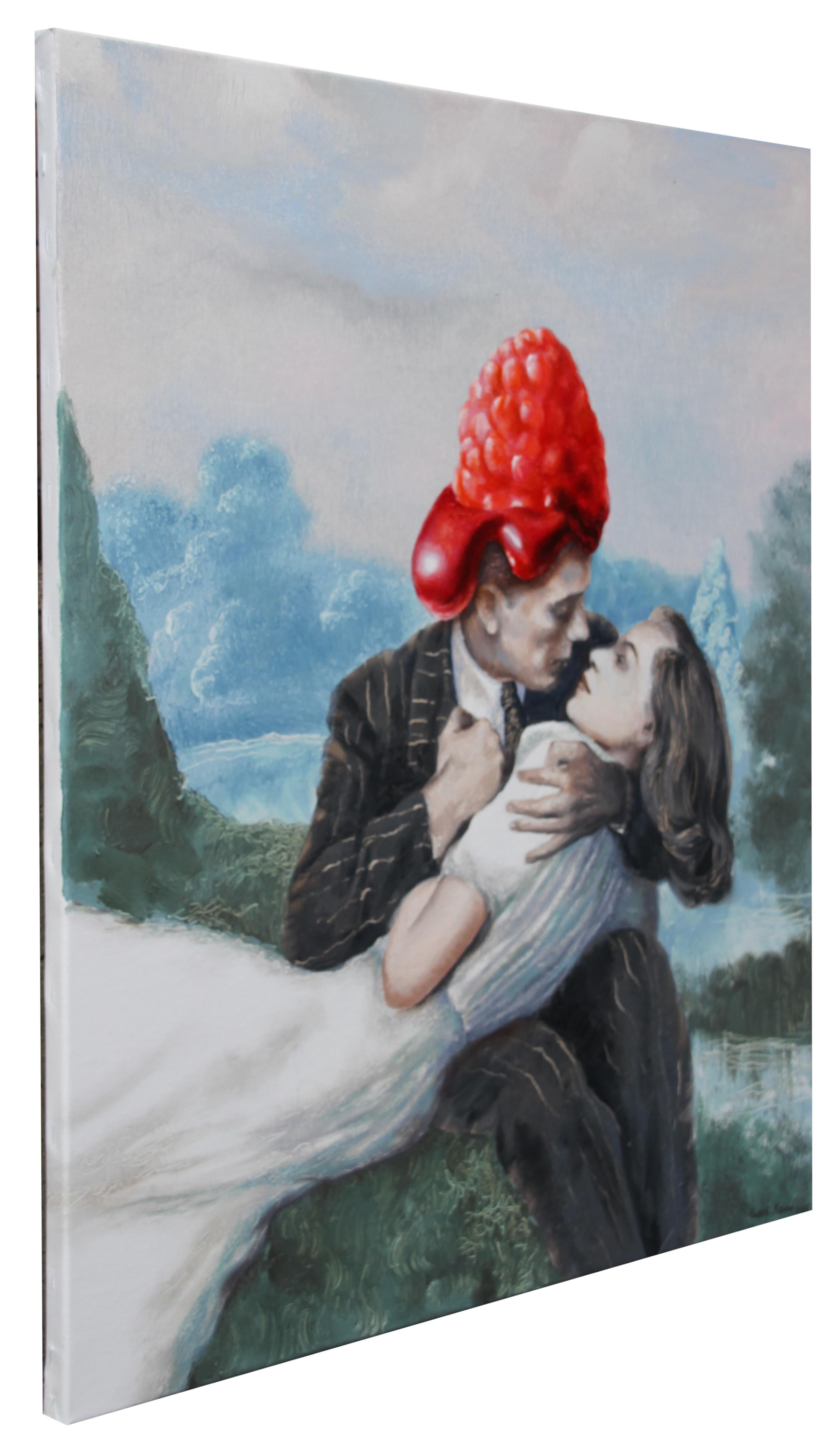 Oh Darling (Pareja joven enamorada mermelada de frambuesa óleo figurativo vintage) en venta 1