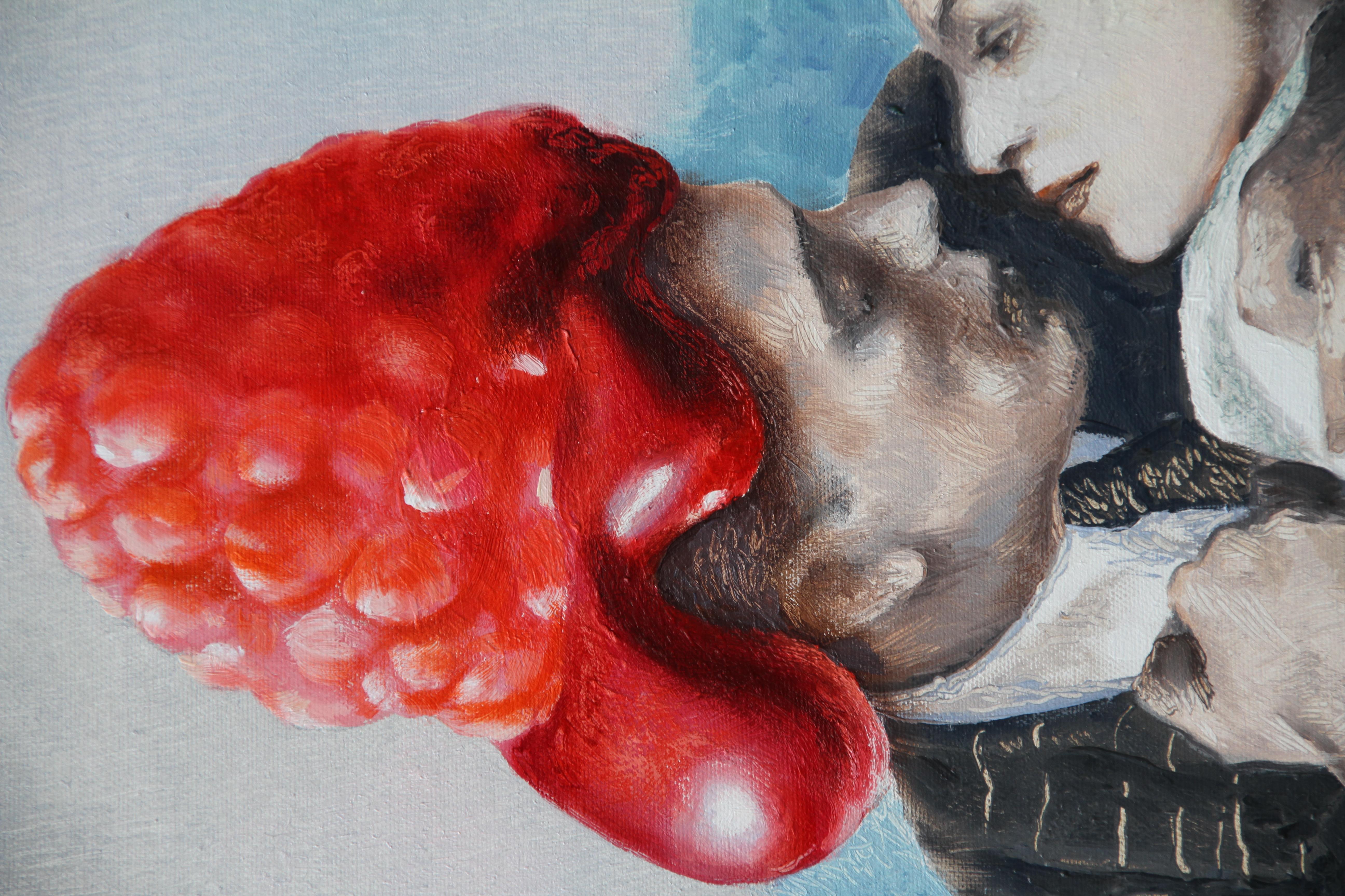 Oh Darling (Pareja joven enamorada mermelada de frambuesa óleo figurativo vintage) en venta 2