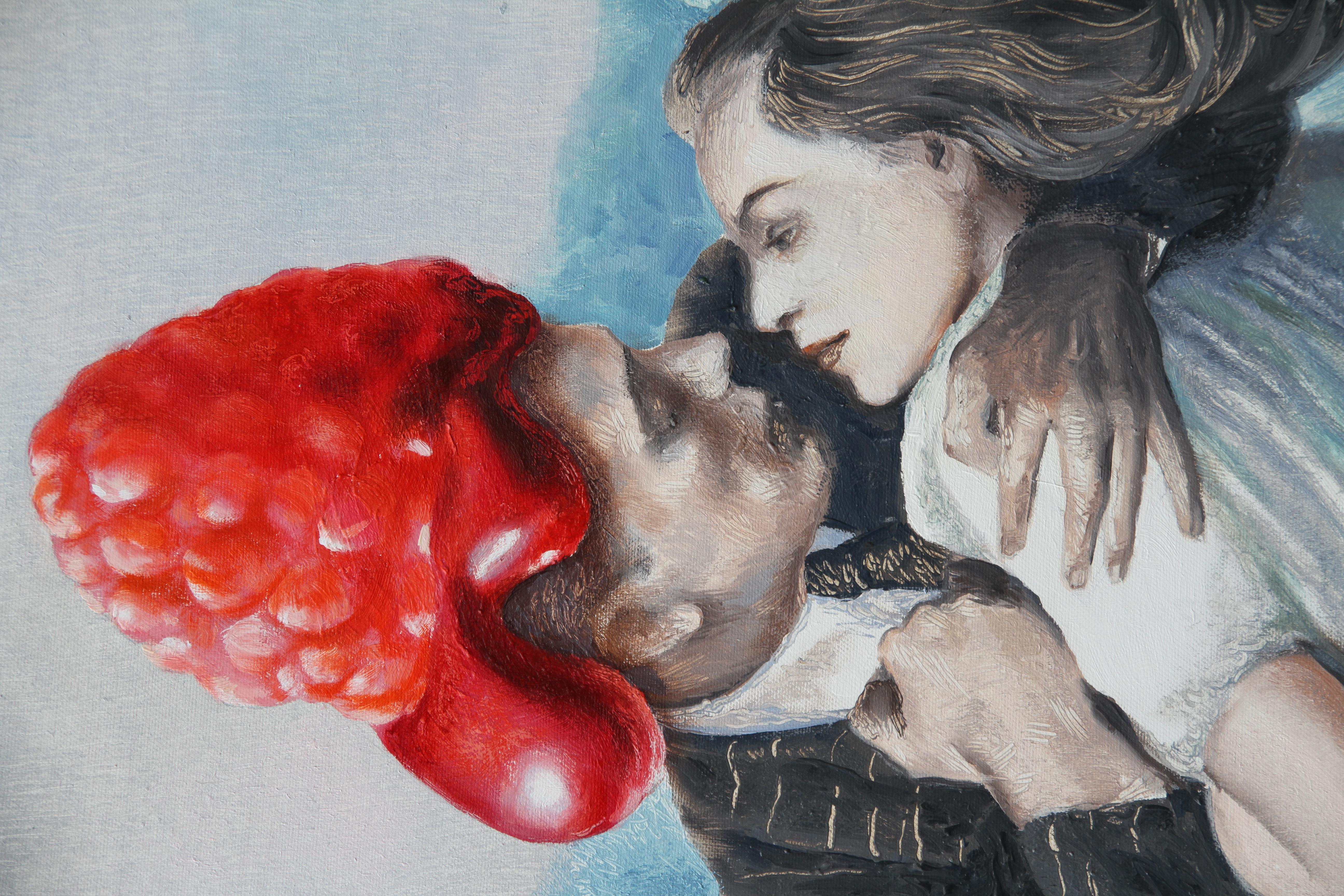 Oh Darling (Pareja joven enamorada mermelada de frambuesa óleo figurativo vintage) - Painting de Rudolf Kosow