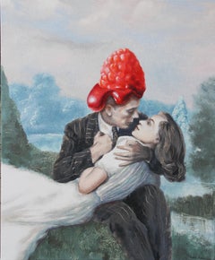 Oh Darling (Young couple in love rasberry jam vintage figurative oil painting)