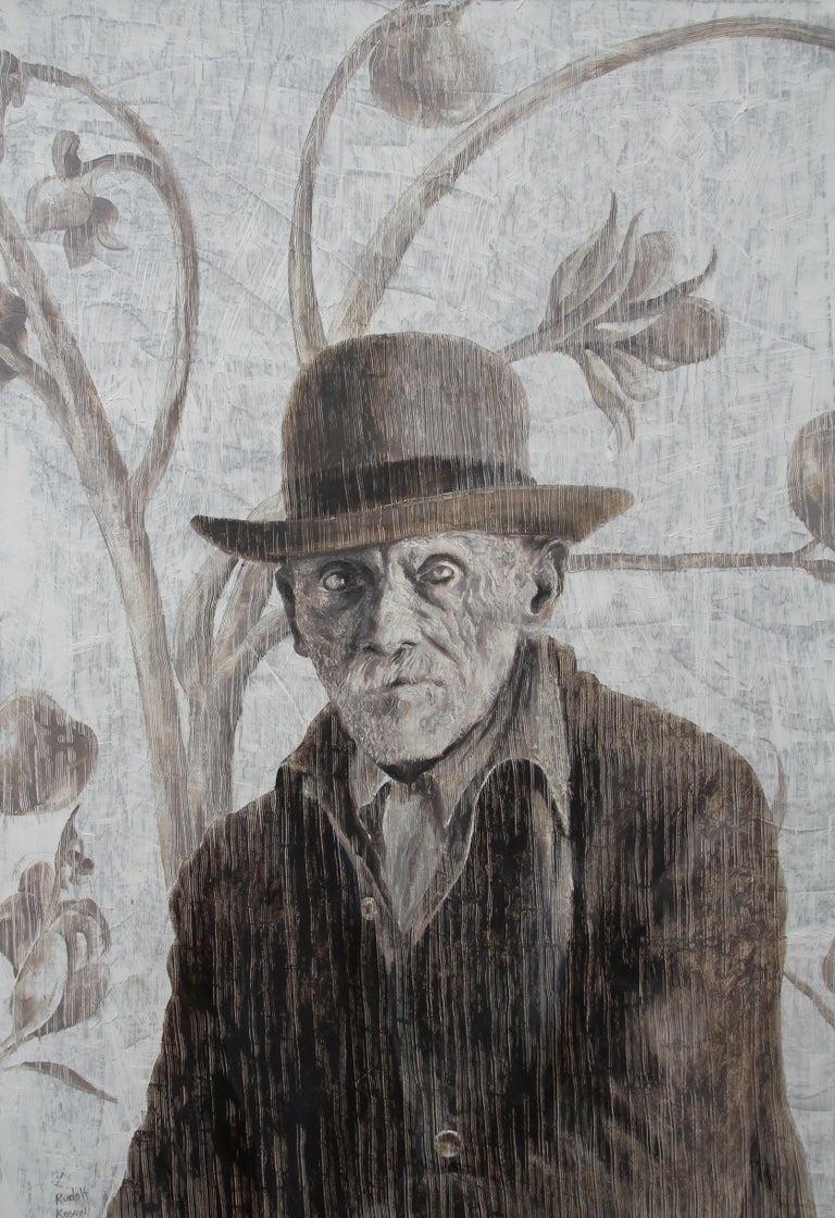 Rudolf Kosow Figurative Painting - Omnicient (oil painting grey monochrome vintage old man beard portrait nostalgia