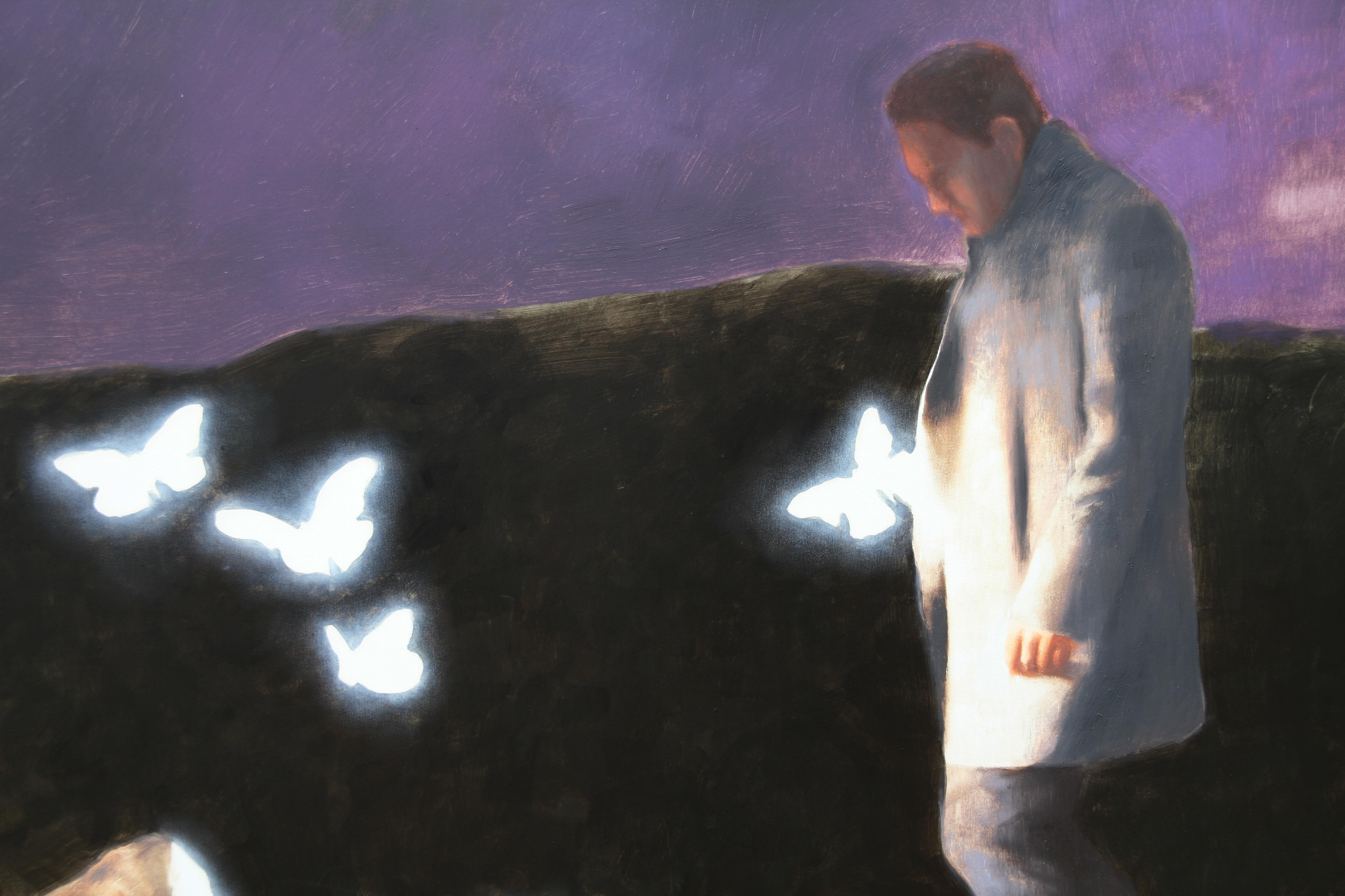On Road (pintura al óleo malva oscuro surrealista hombre mariposas realismo mágico) - Painting de Rudolf Kosow