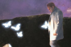On Road (surreal dark mauve oil painting man butterflies magic Realism)