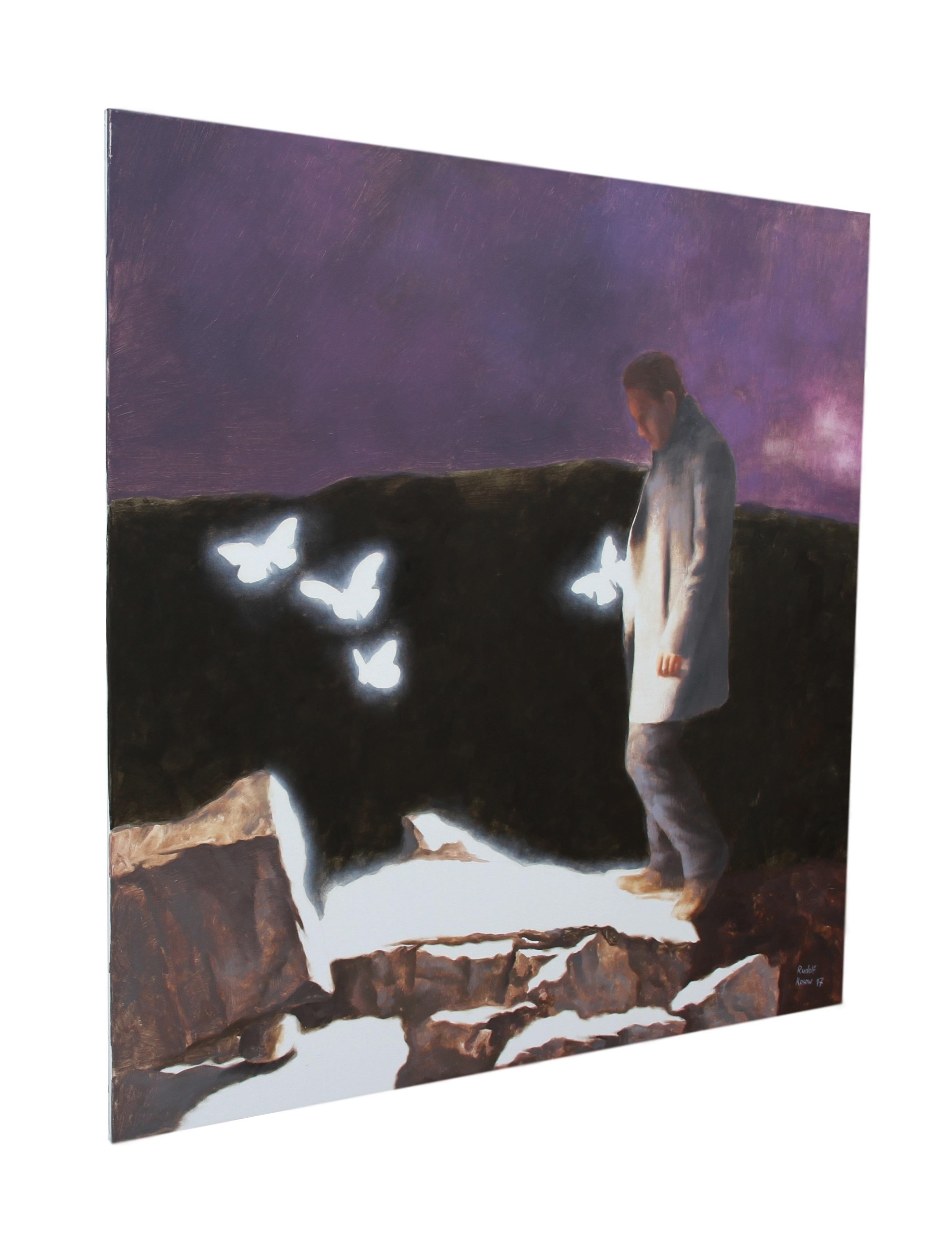 On Road (pintura al óleo malva oscuro surrealista hombre mariposas realismo mágico) - Animal Painting Negro de Rudolf Kosow