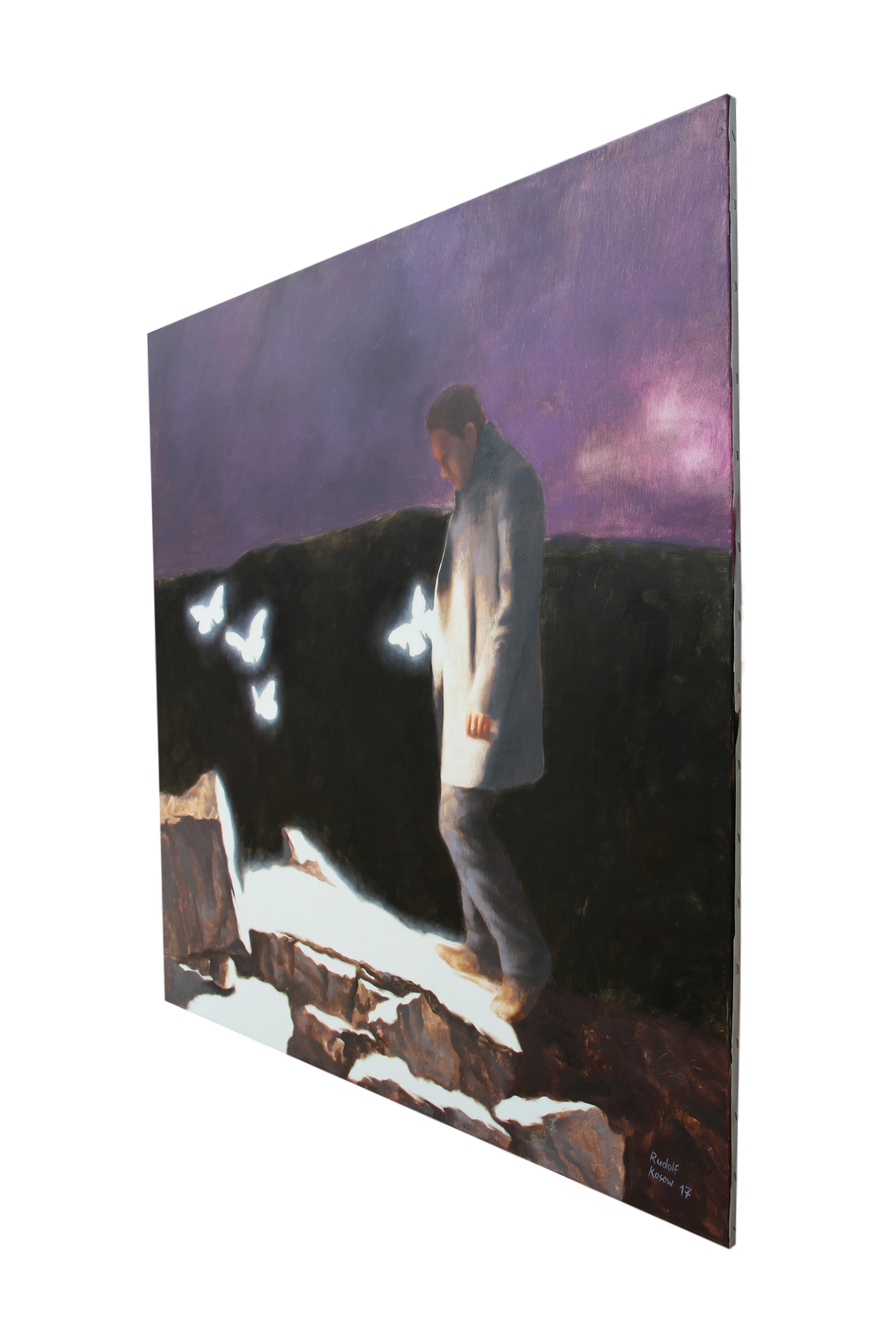 On Road (pintura al óleo malva oscuro surrealista hombre mariposas realismo mágico) en venta 2