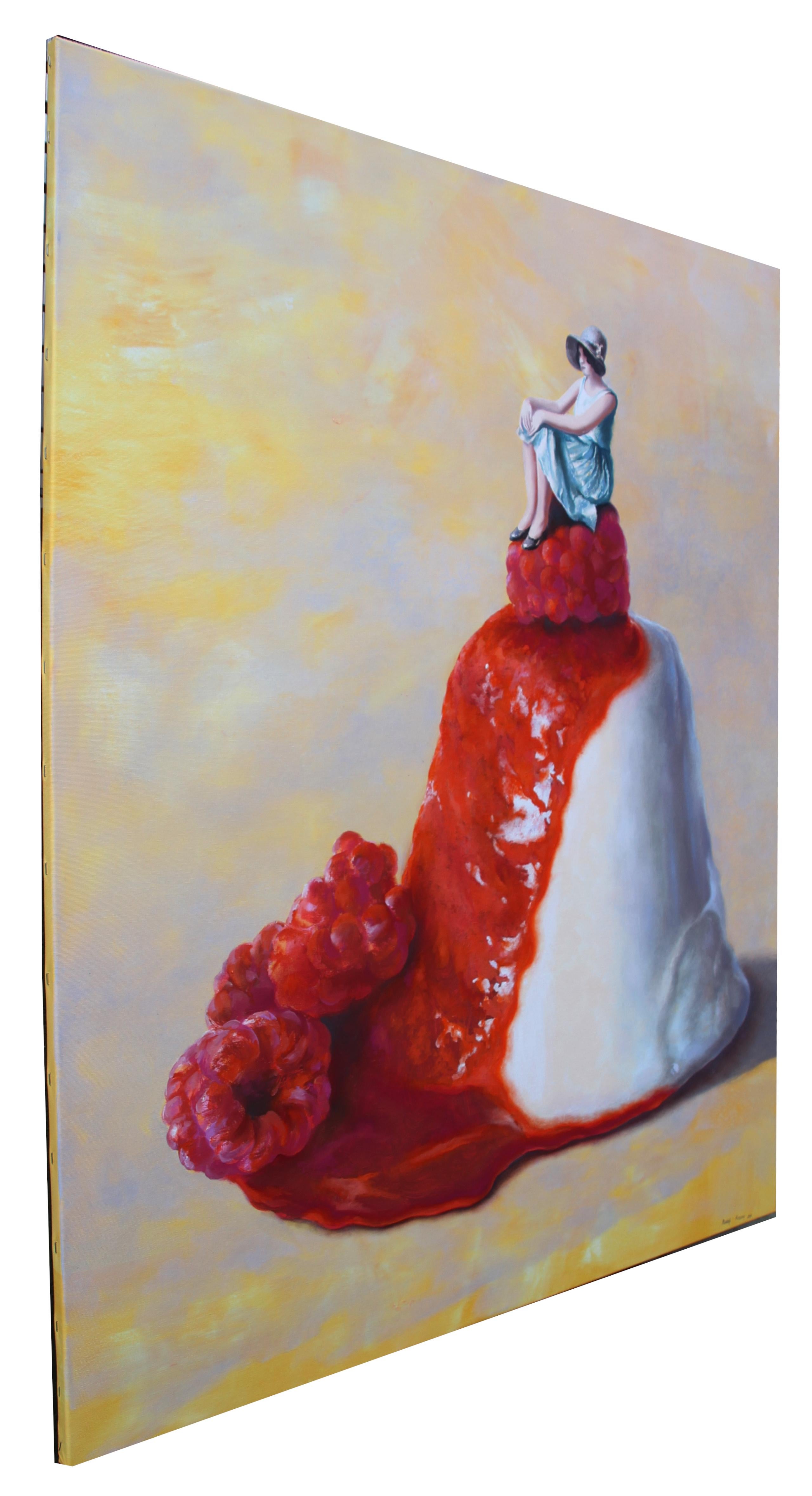 A young woman in a vintage dress and cloche hat perches solemnly atop an enormous raspberry mousse dessert, her poised figure seemingly unaware of the surreal scale beneath her. Rendered with Kosow’s signature blend of painterly precision and