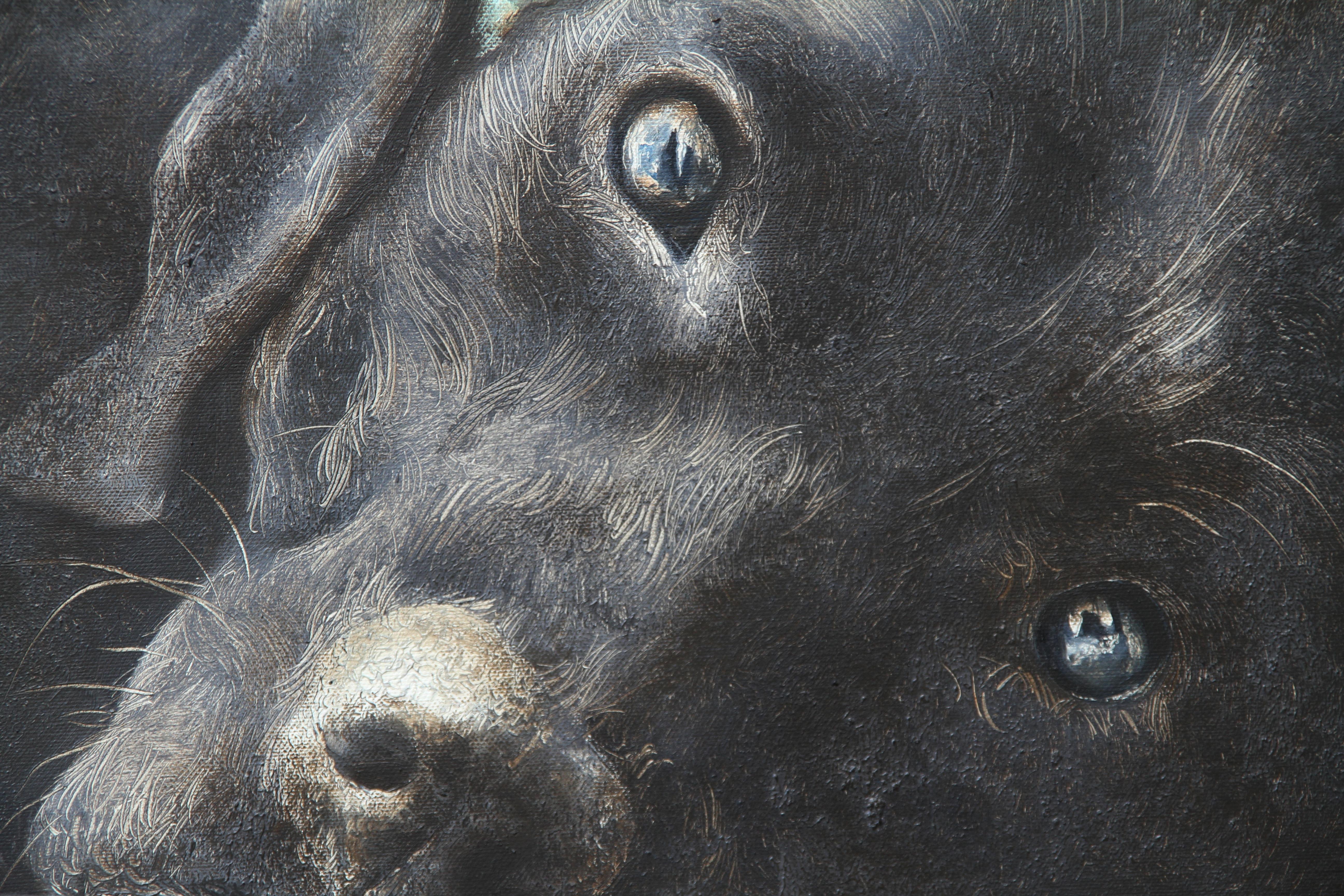 Propriétaire (chien labrador noir, femme endormie, robe vintage, animal, peinture surréaliste) - Painting de Rudolf Kosow