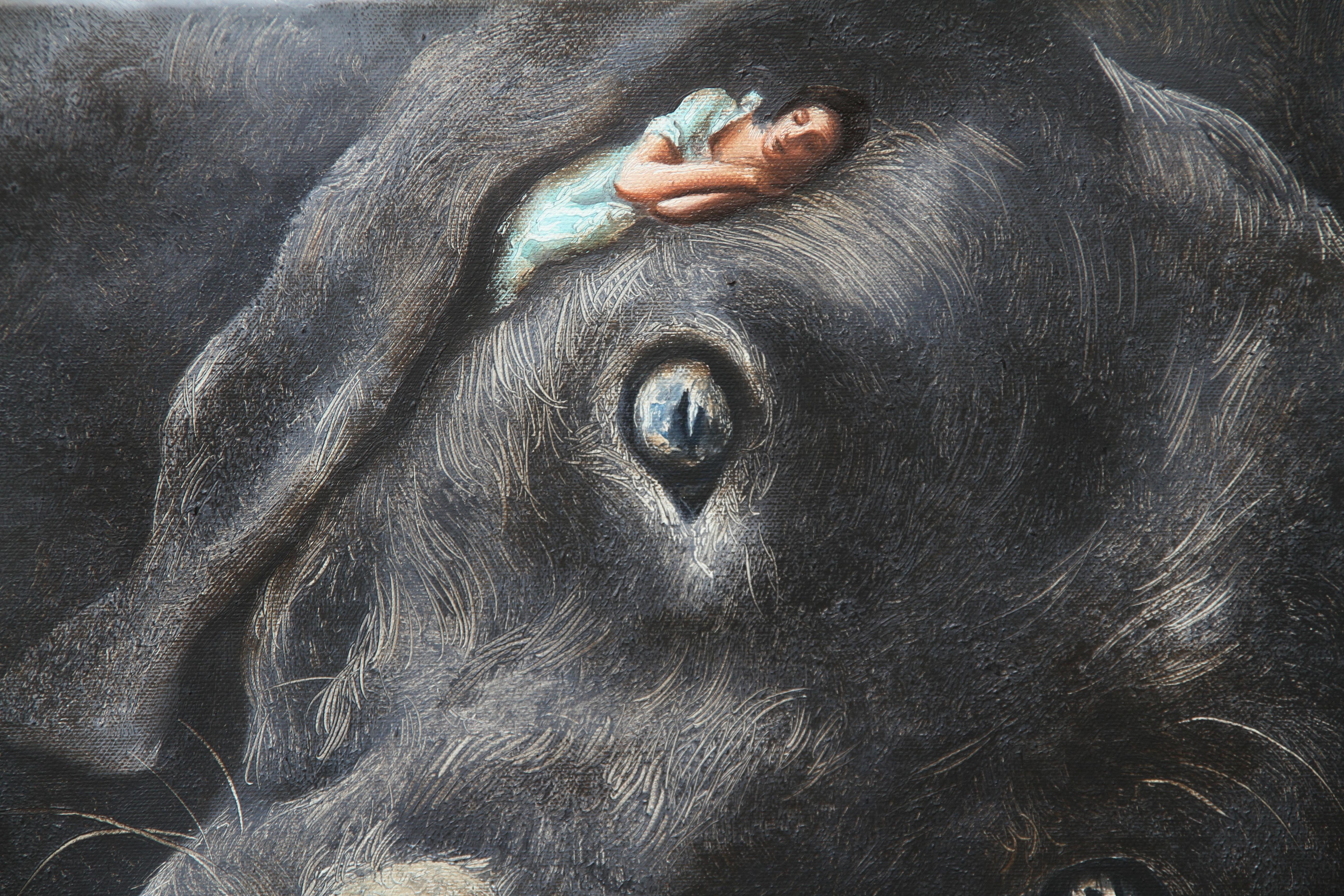 Propriétaire (chien labrador noir, femme endormie, robe vintage, animal, peinture surréaliste) - Surréalisme Painting par Rudolf Kosow
