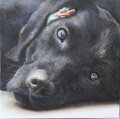 Owner (black dog, sleeping lady, vintage dress, animal, surrealist oil painting