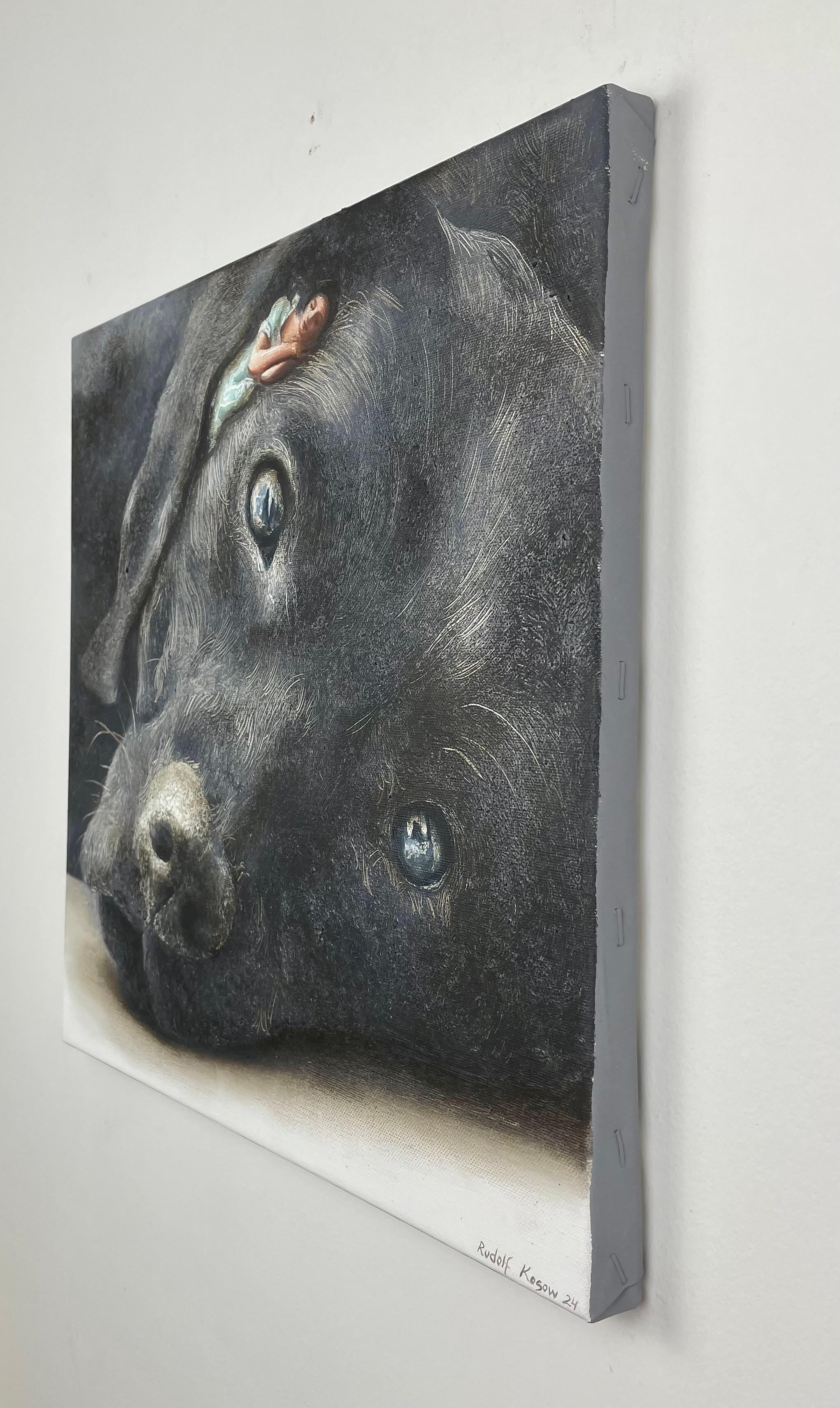 Propriétaire (chien labrador noir, femme endormie, robe vintage, animal, peinture surréaliste) en vente 1
