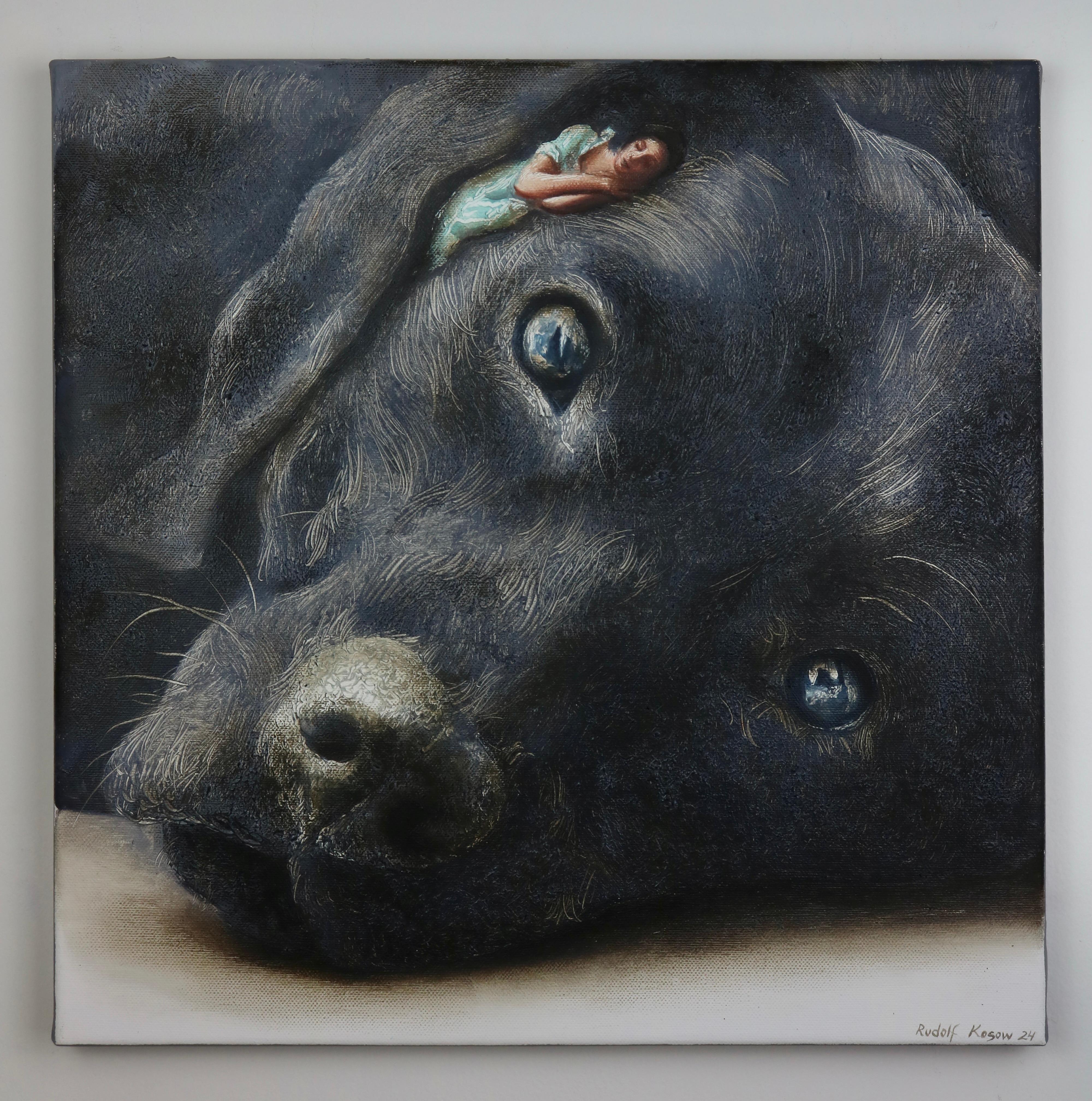 Propriétaire (chien labrador noir, femme endormie, robe vintage, animal, peinture surréaliste) en vente 2