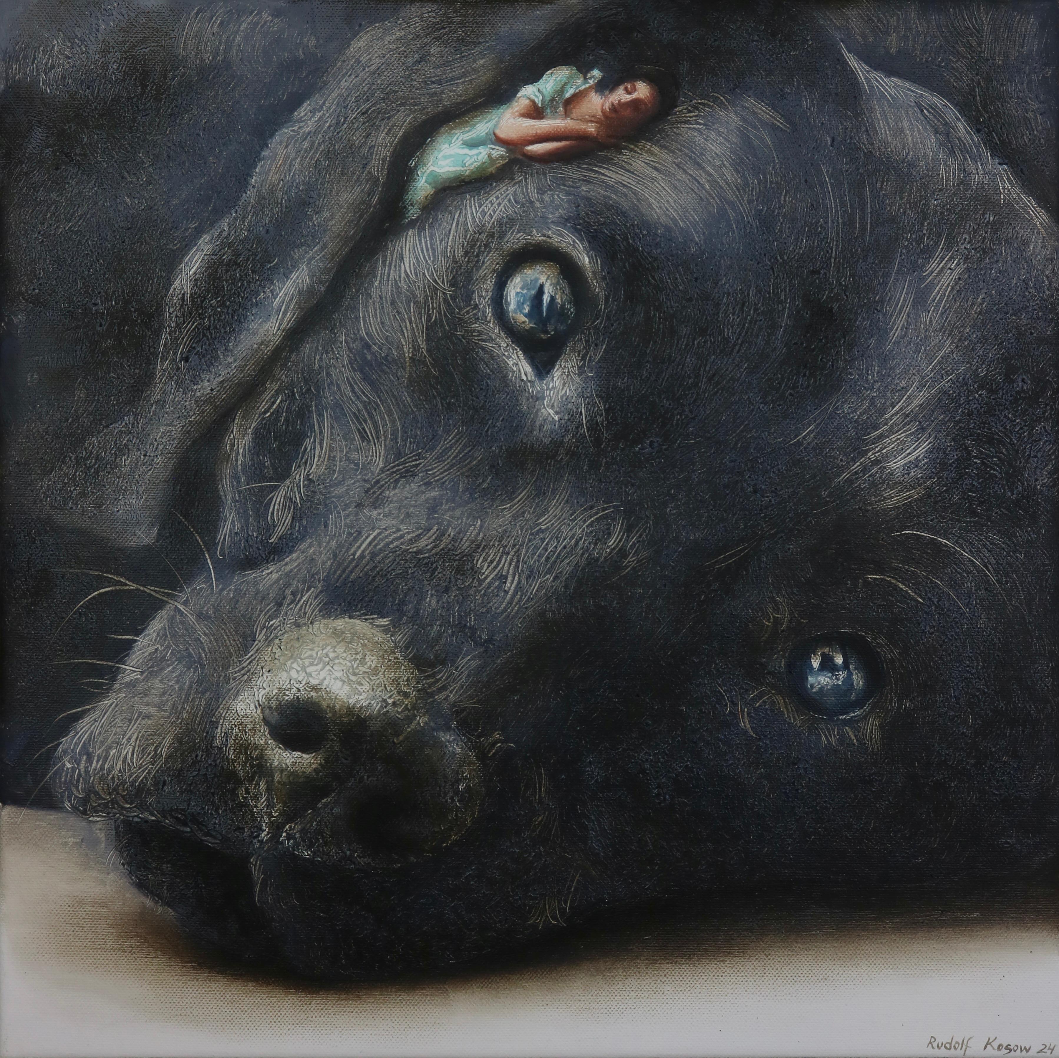 Rudolf Kosow Figurative Painting - Owner (black Lab dog, sleeping lady, vintage dress, animal, surrealist painting)