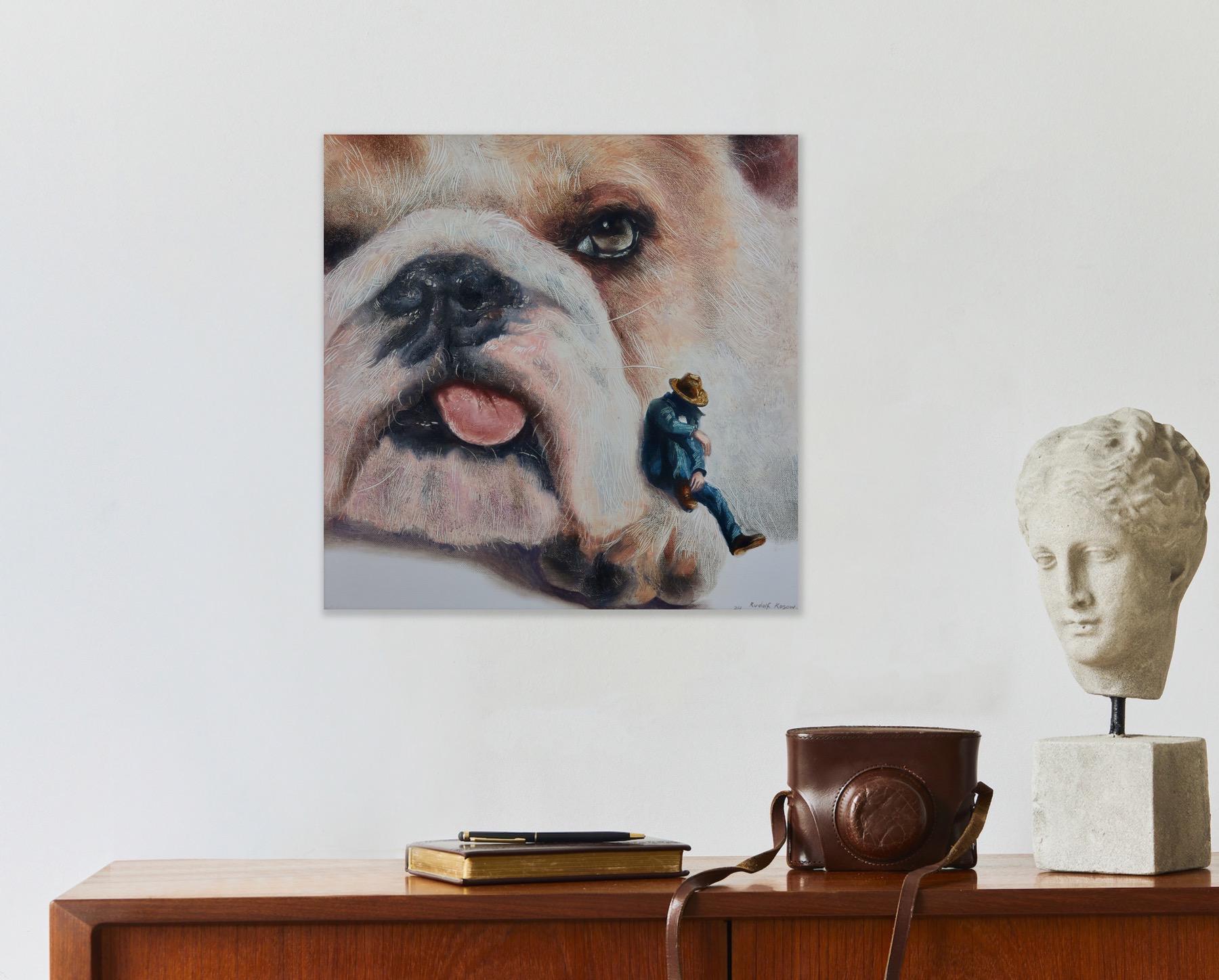 Parting (pet dog, bulldog, cowboy, animal portrait art, surrealist oil painting) For Sale 7