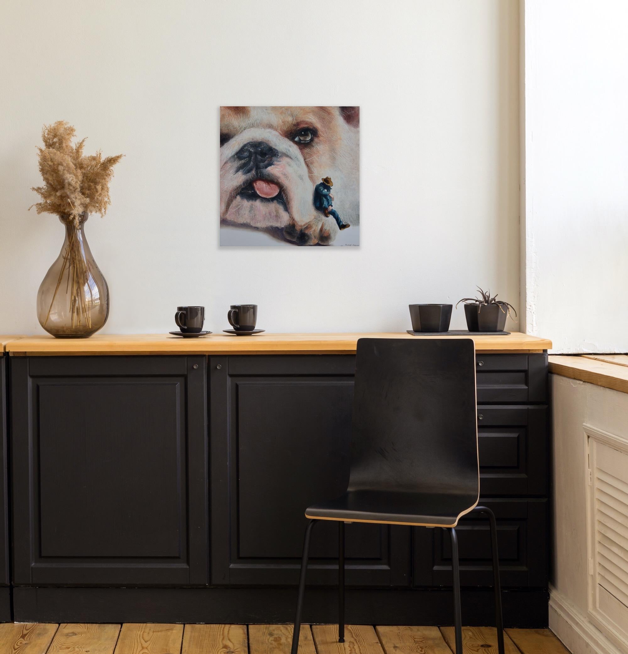 Parting (pet dog, bulldog, cowboy, animal portrait art, surrealist oil painting) For Sale 7