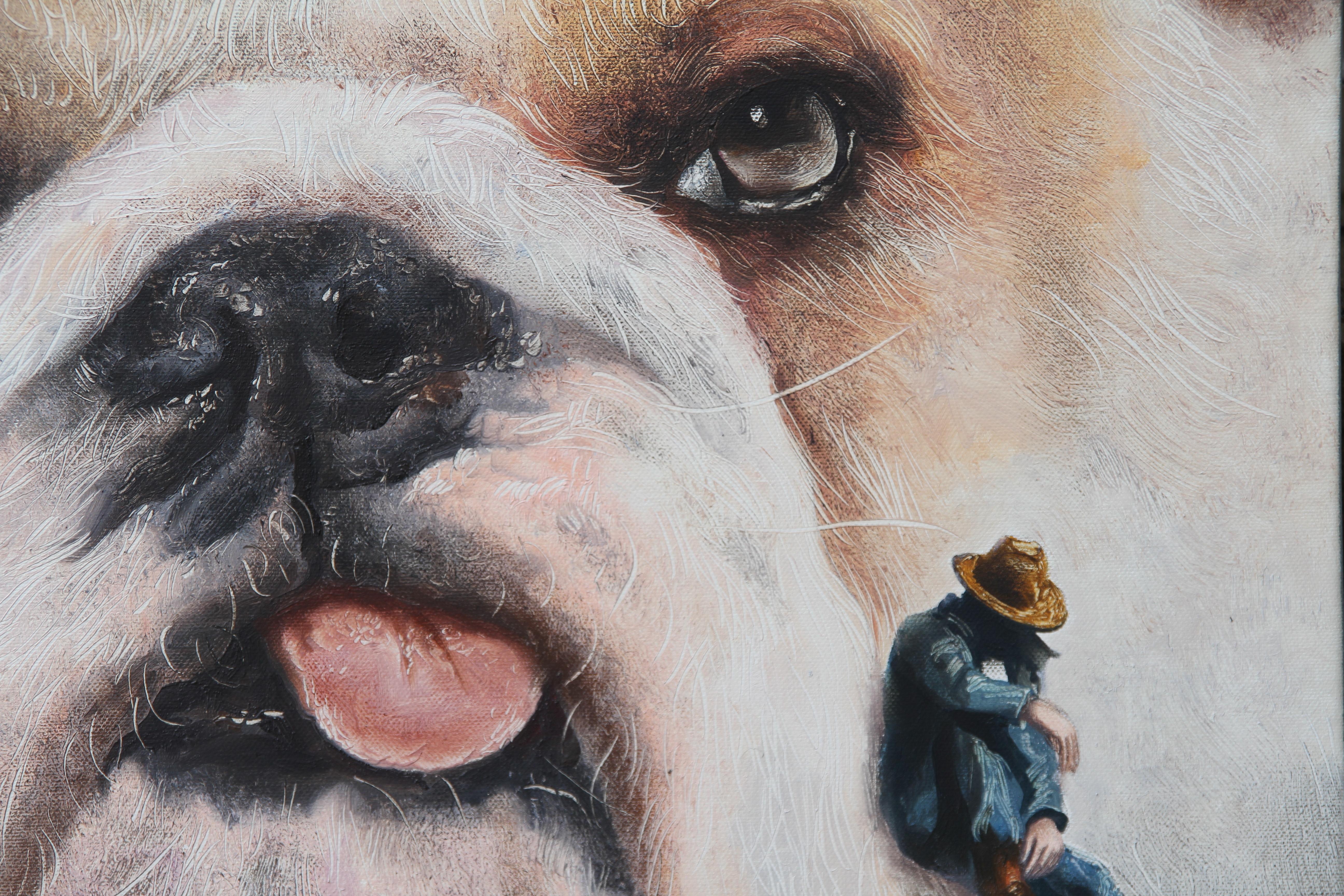 Parting (pet dog, bulldog, cowboy, animal portrait art, surrealist oil painting) For Sale 1