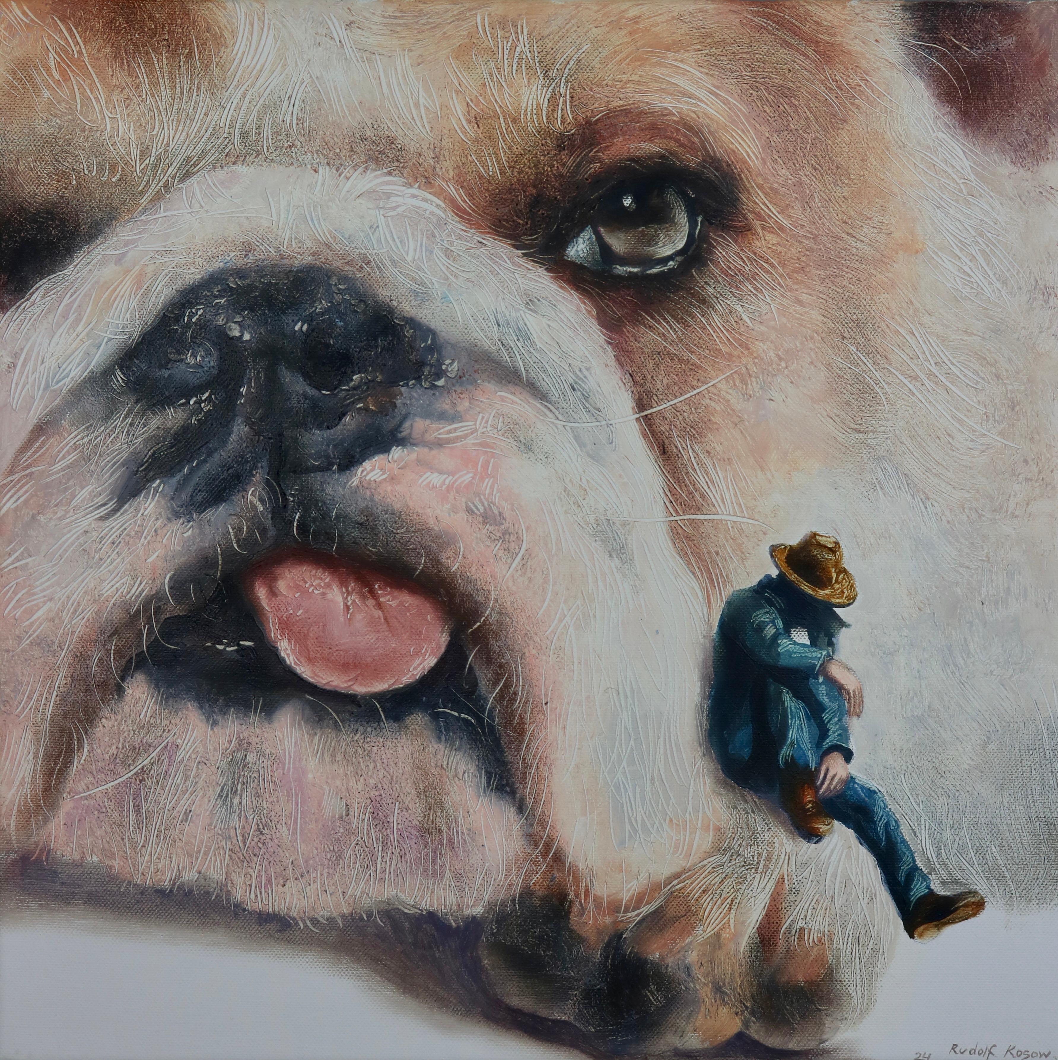 Rudolf Kosow Figurative Painting - Parting (pet dog, bulldog, cowboy, animal portrait art, surrealist oil painting)
