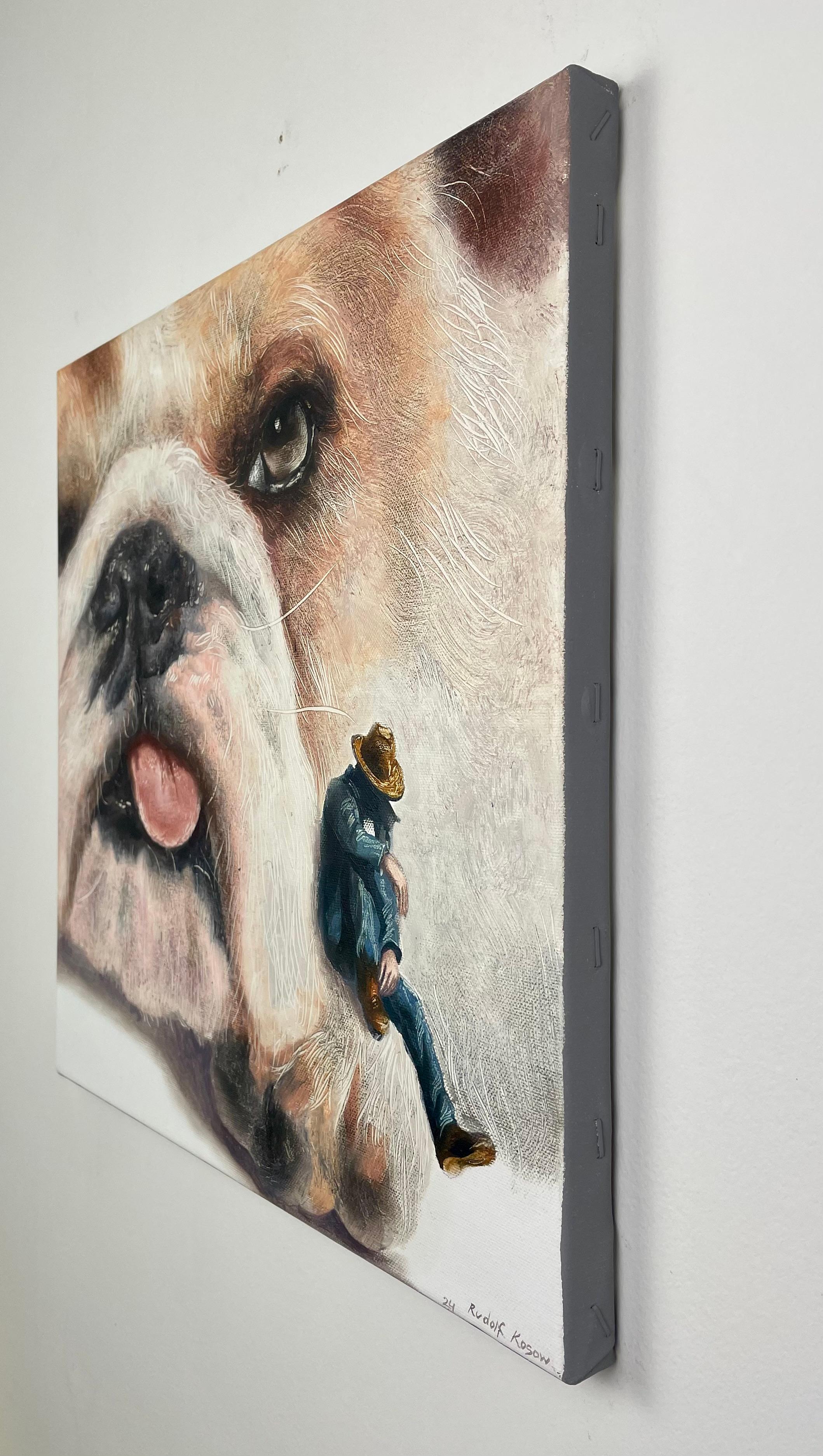 Parting (pet dog, bulldog, cowboy, animal portrait art, surrealist oil painting) - Surrealist Painting by Rudolf Kosow