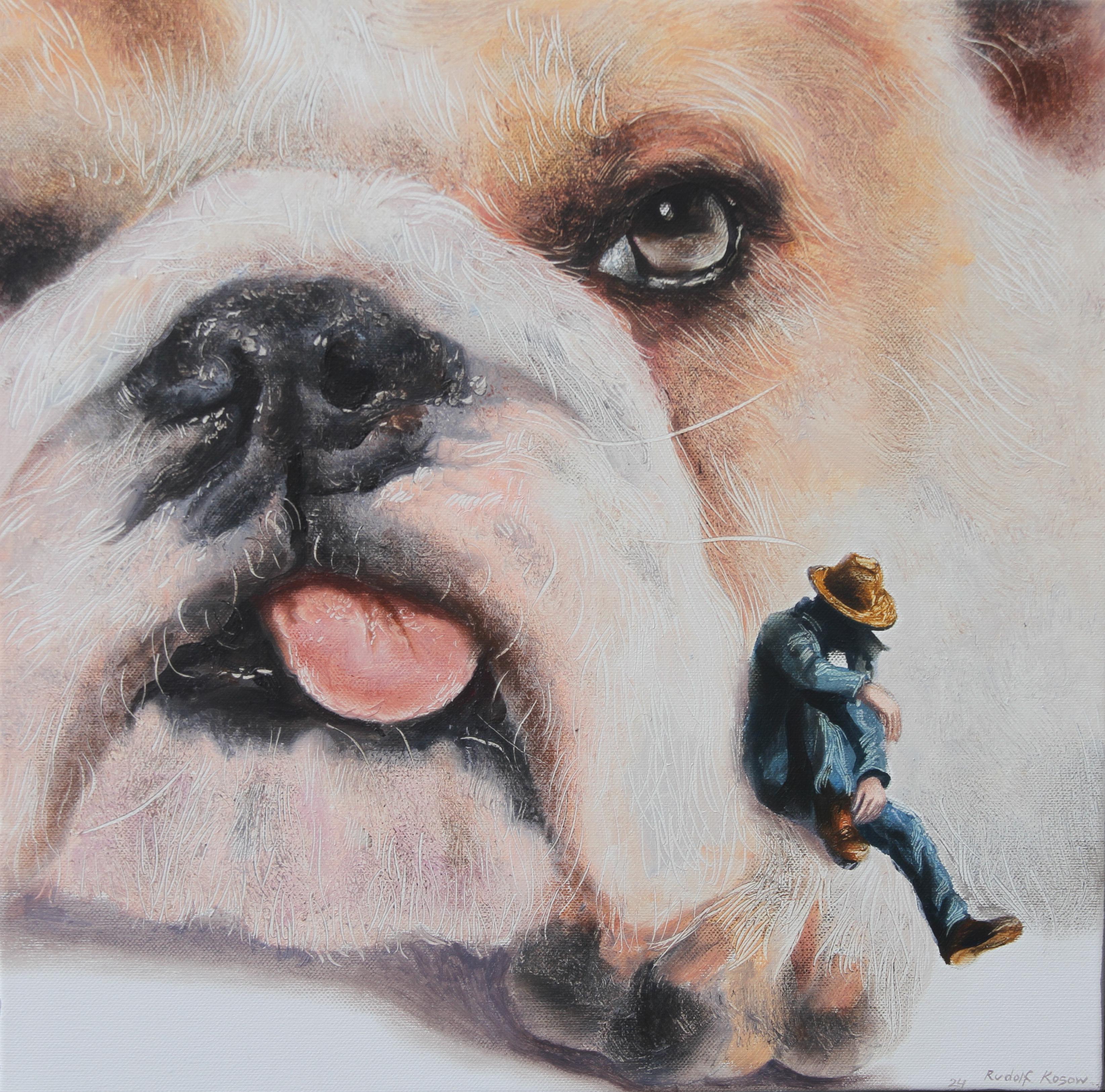 Parting (pet dog, bulldog, cowboy, animal portrait art, surrealist oil painting) - Painting by Rudolf Kosow
