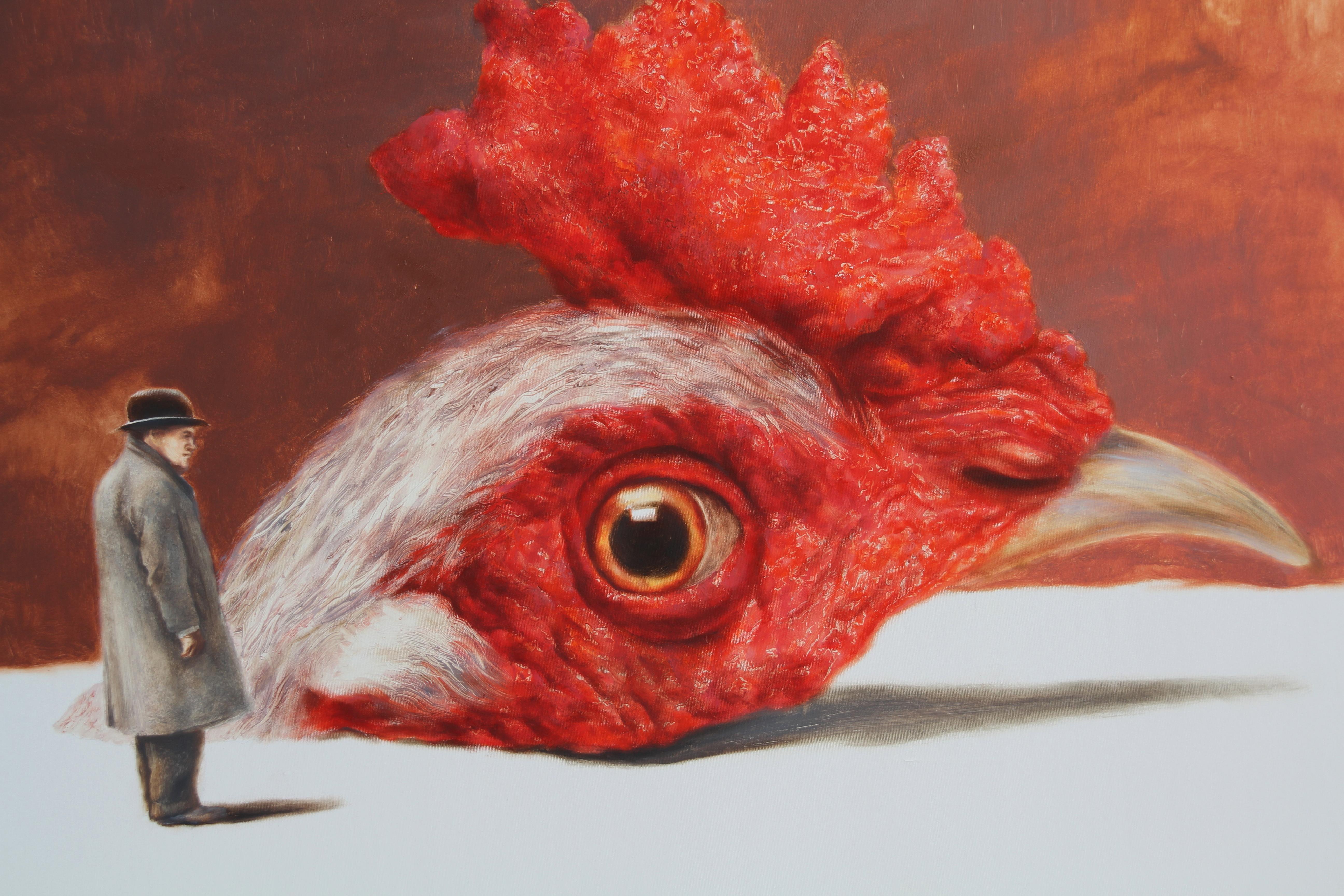 Phenomenon (surrealism oil painting rooster chicken head farm animal red) - Painting by Rudolf Kosow