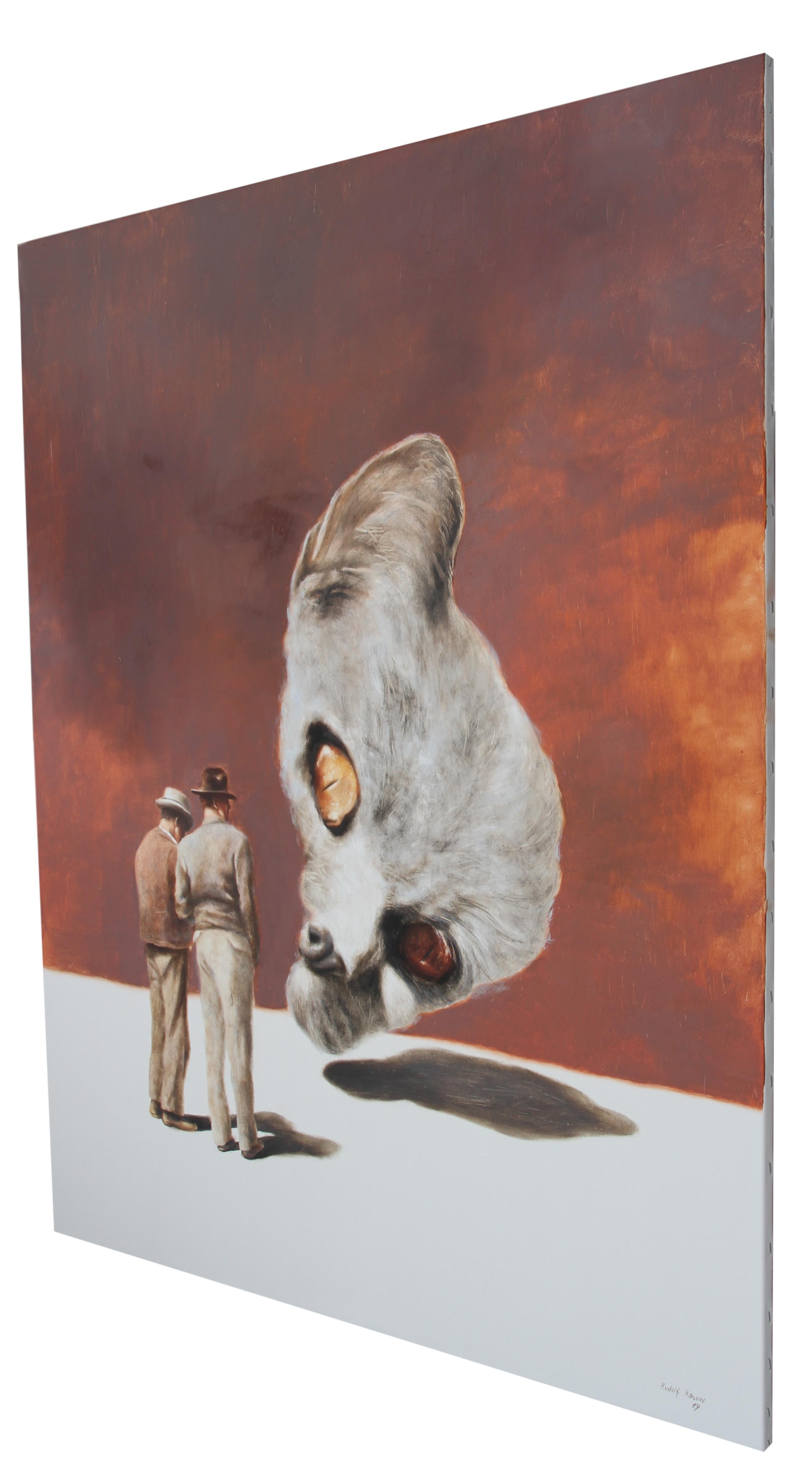 Phenomenon (cat eyes head mystery men vintage nostalgia figurative scene) - Painting by Rudolf Kosow