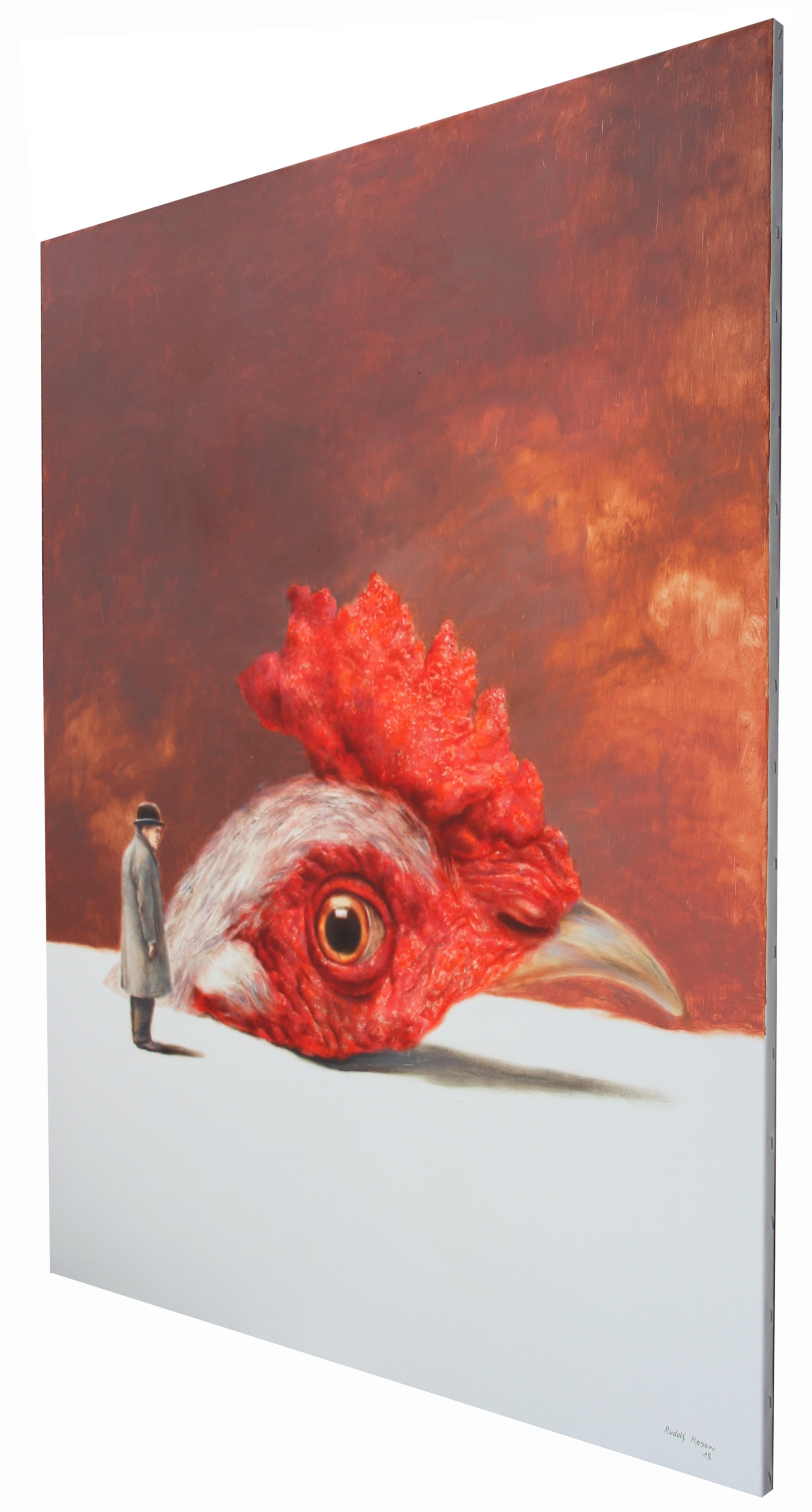 Phenomenon (peinture à l'huile surréaliste rouge tête de poulet de ferme, coq, animal) - Surréalisme Painting par Rudolf Kosow