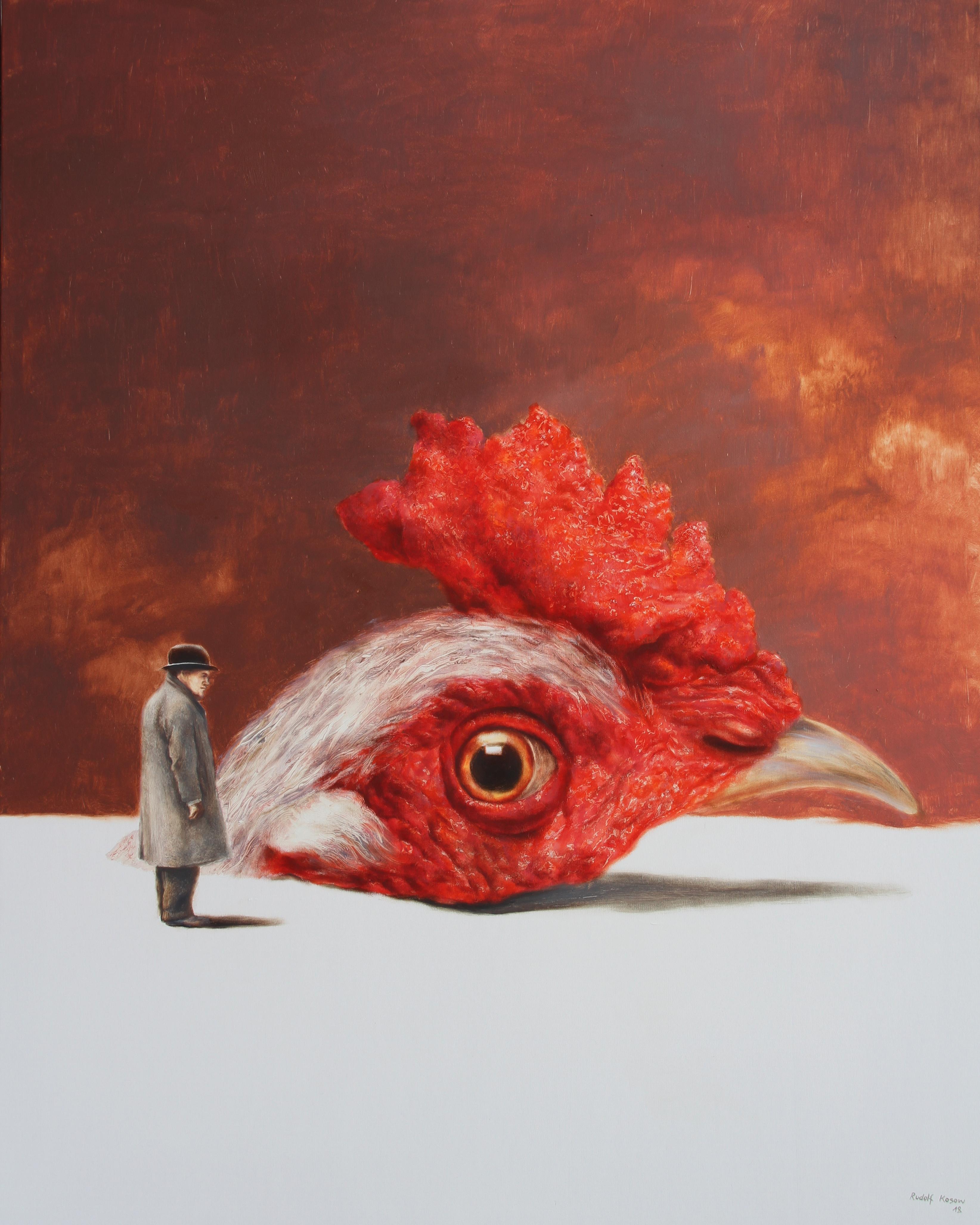 Phenomenon (surrealism oil painting rooster chicken head farm animal red)