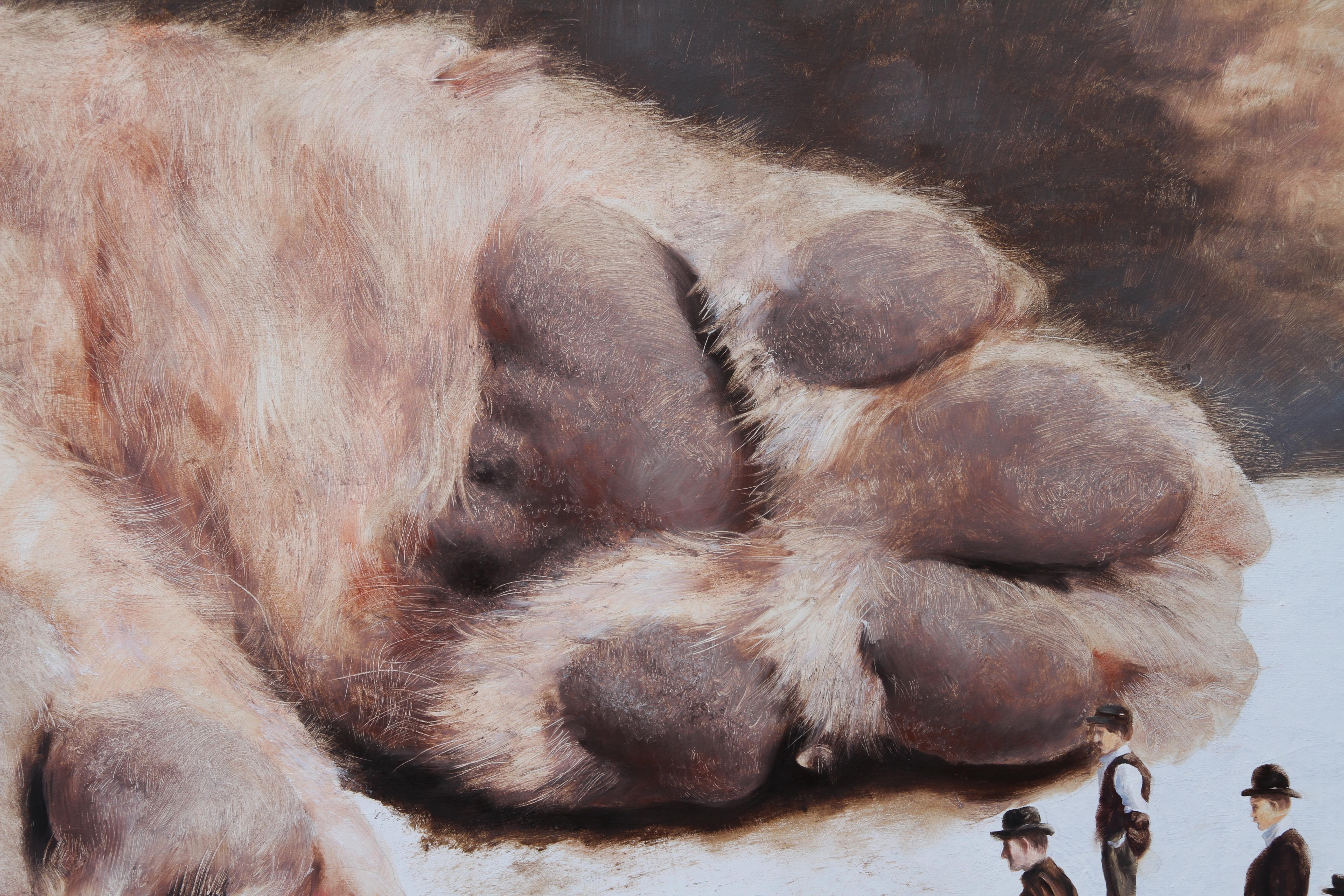 Phenomenon I (dog paws men surrealist oil painting vintage animal beige comical) - Painting by Rudolf Kosow