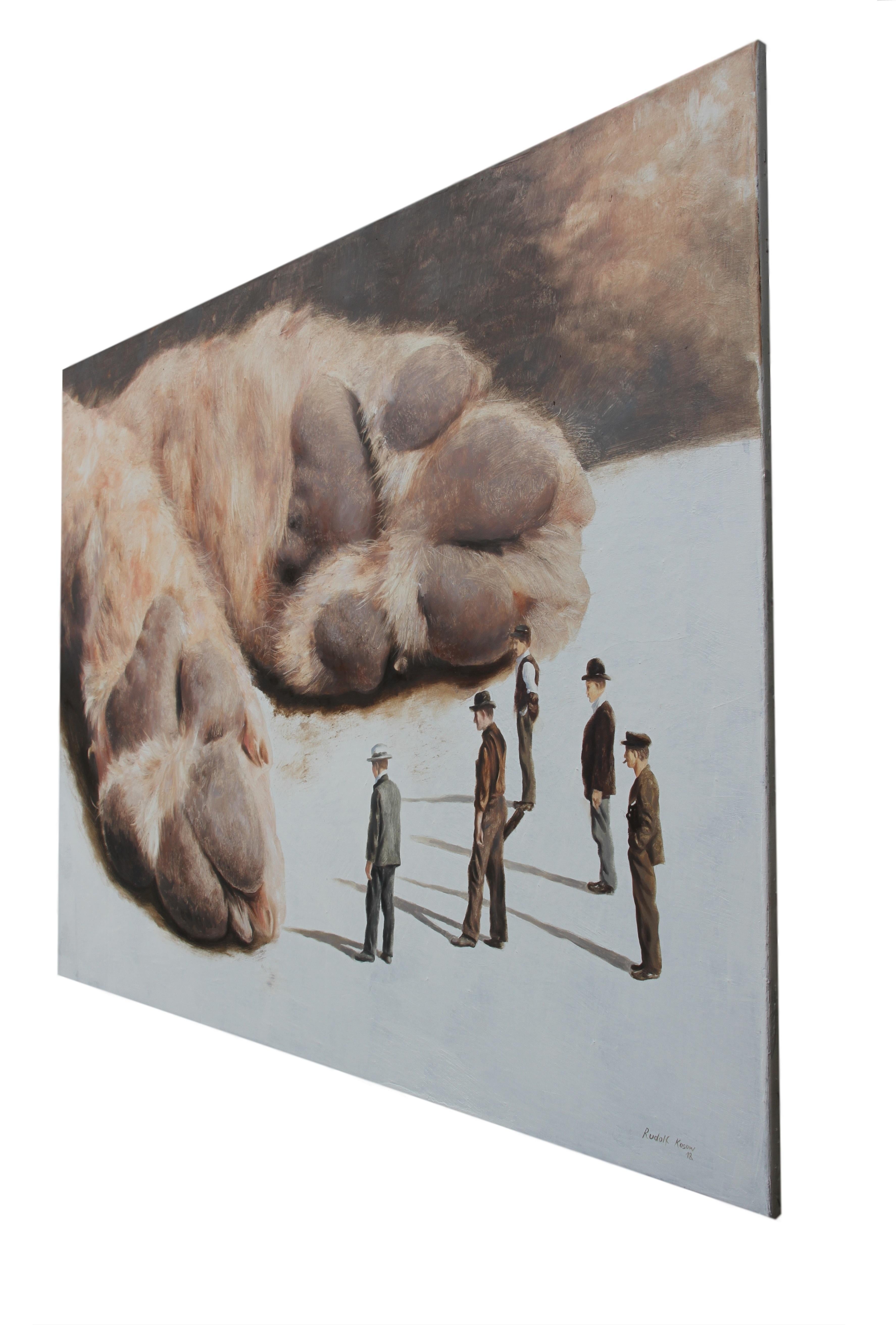 Phenomenon I (dog paws men surrealist oil painting vintage animal beige comical) - Gray Figurative Painting by Rudolf Kosow