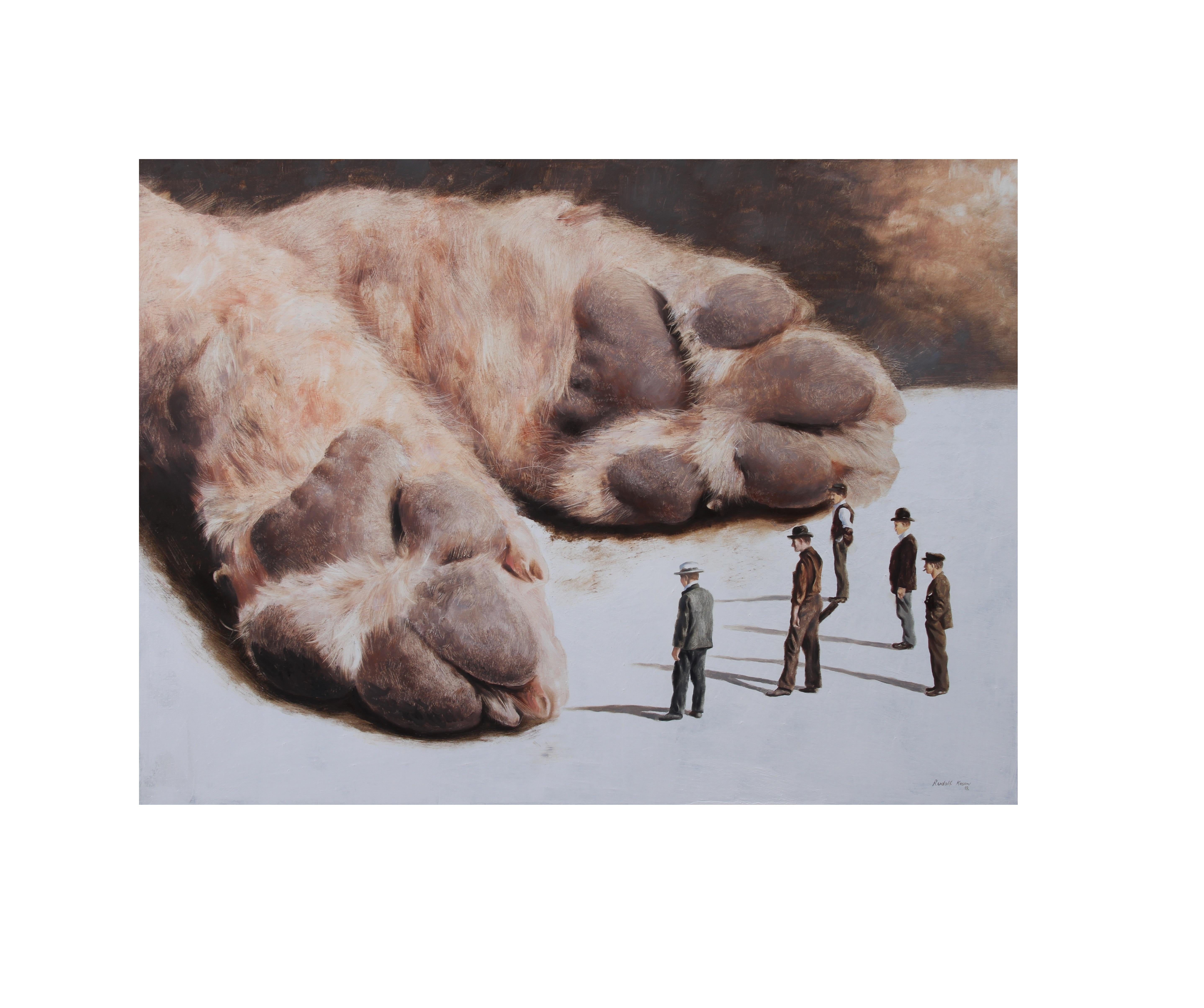 Rudolf Kosow Figurative Painting - Phenomenon I (dog paws men surrealist oil painting vintage animal beige comical)